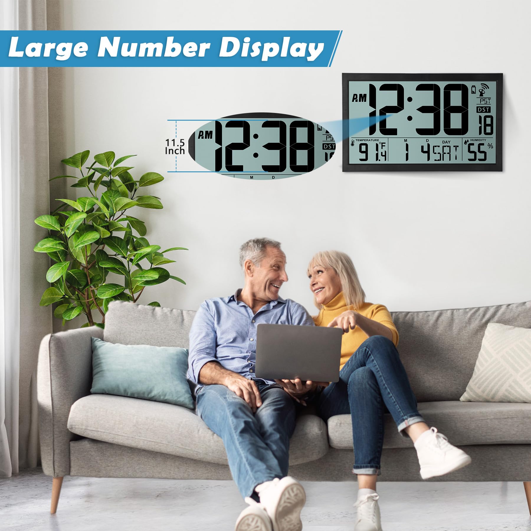 SZELAM Reloj de Pared Digital atómico con retroiluminación, Reloj de Pared Digital Grande de 15 Pulgadas, Reloj Digital de Pantalla Grande con día, Fecha y Temperatura