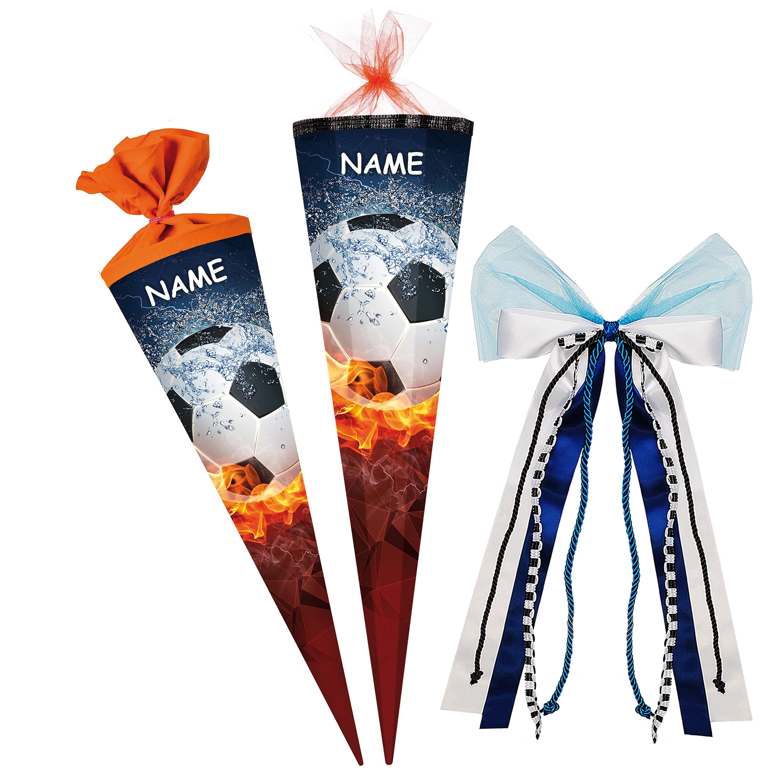 alles-meine.de GmbH Schultüte - mit 3D Glitzer - Effekt ! - Fußball - Ball in Flamme - Größe wählbar - 22-100 cm - 12 eckig - incl. Name und große 3D Effekt Schleife - Tüllab..