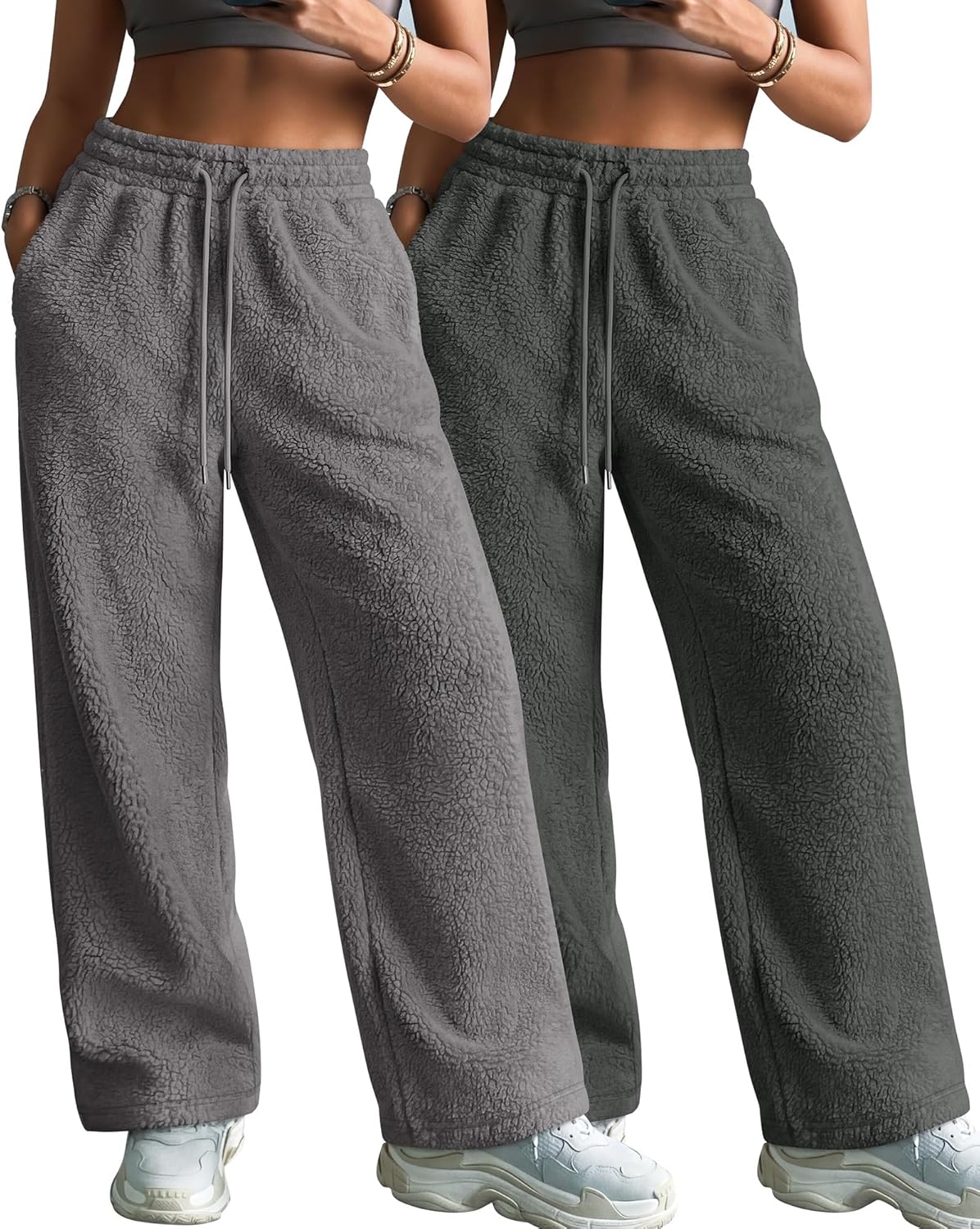 Velvelhall 2 Pack Women's Fleece Sweatpants Wide Leg Winter Thermal Pants Drawstring Waist with Pockets Fuzzy Lounge Pajamas