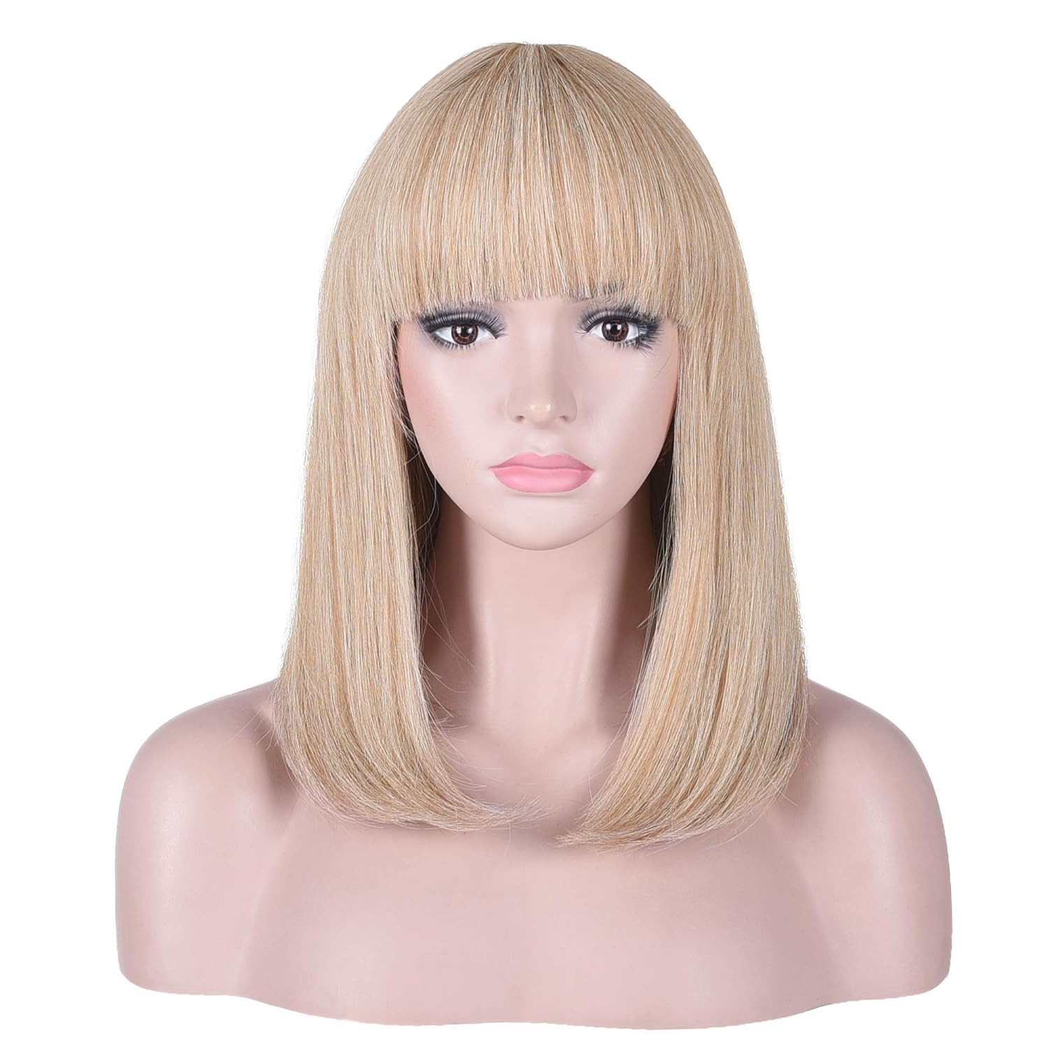 15 Inch Short Straight Blonde Highlights Bob Wig with Bangs | Natural Heat Resistant Synthetic Hair Wigs for Women 15 Inch (Pack of 1) Light Blonde