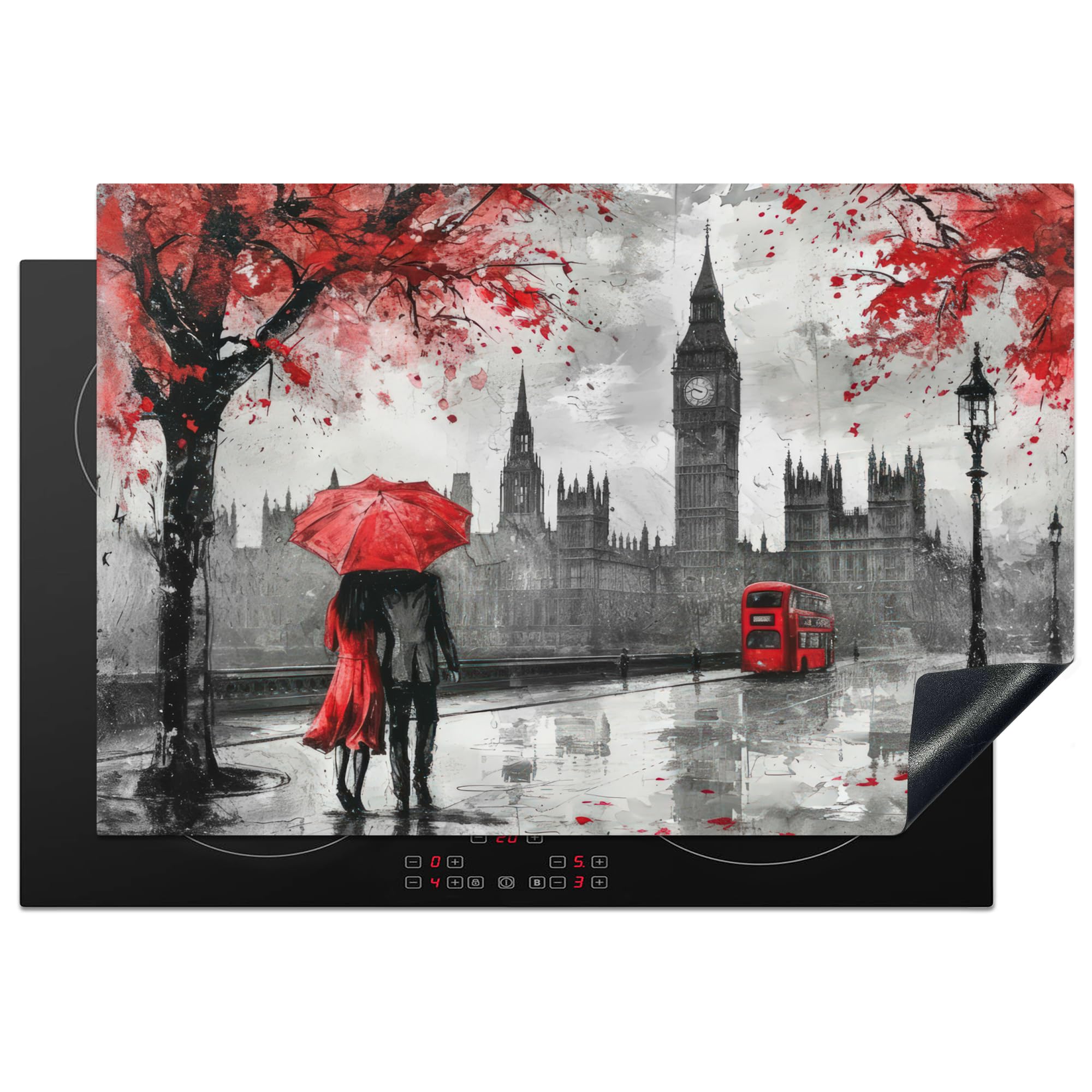 KitchenYeah© Induction Hob Protector Mat 20.3"x29.9" / 76x51.5 cm Cooker Top Protectors Cover Ceramic Covers Electric Hobs Vinyl London - Red - Black - Couple - Romantic