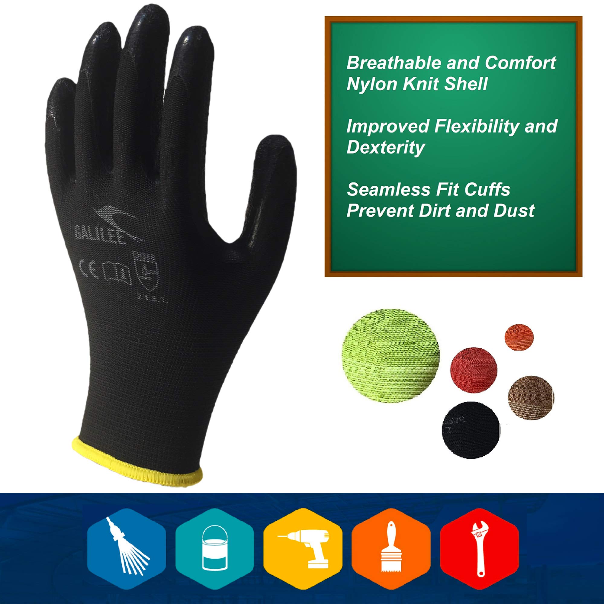 Guantes de trabajo para hombres y mujeres, guantes de seguridad recubiertos para el trabajo, paquete de 10 pares, revestimiento de goma de látex a base de agua con agarre firme (tamaño grande se