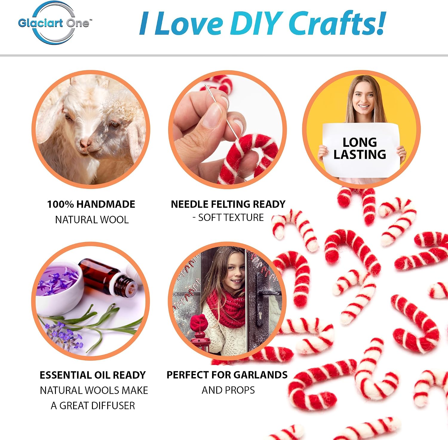 Glaciart One Mini Felt Candy Cane Decoration (Red/White) - 1.18" (3cm) - Set of 20 - DIY Garland, Arts Crafts Supplies, Cute Home Decor for Christmas - Hand-Felted Natural Wool Material