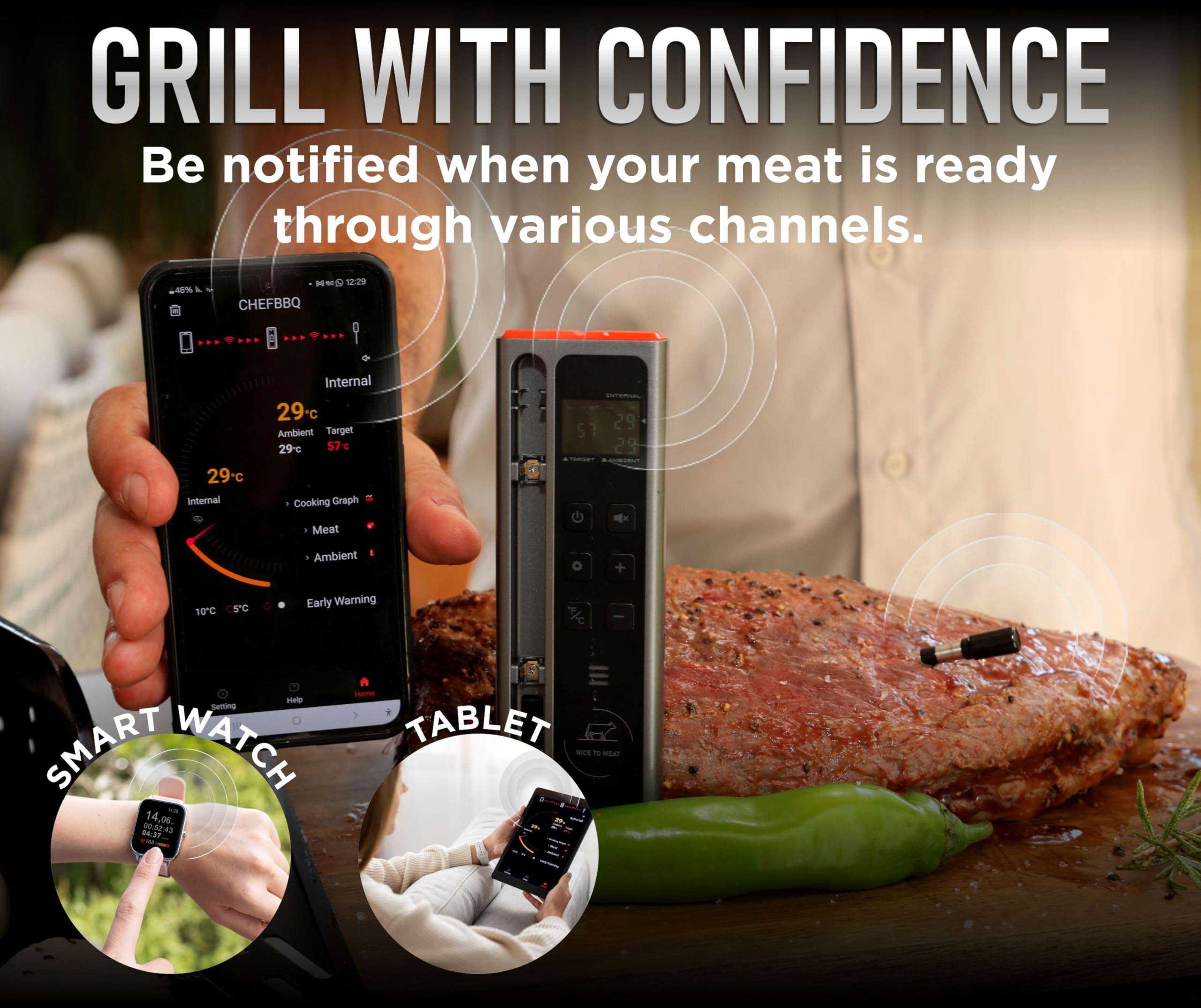 Juego de termómetro digital inalámbrico para carne – Juego de herramientas de cocina para barbacoa con termómetro digital para cocinar y asar – Termómetro de alimentos preciso, termómetro
