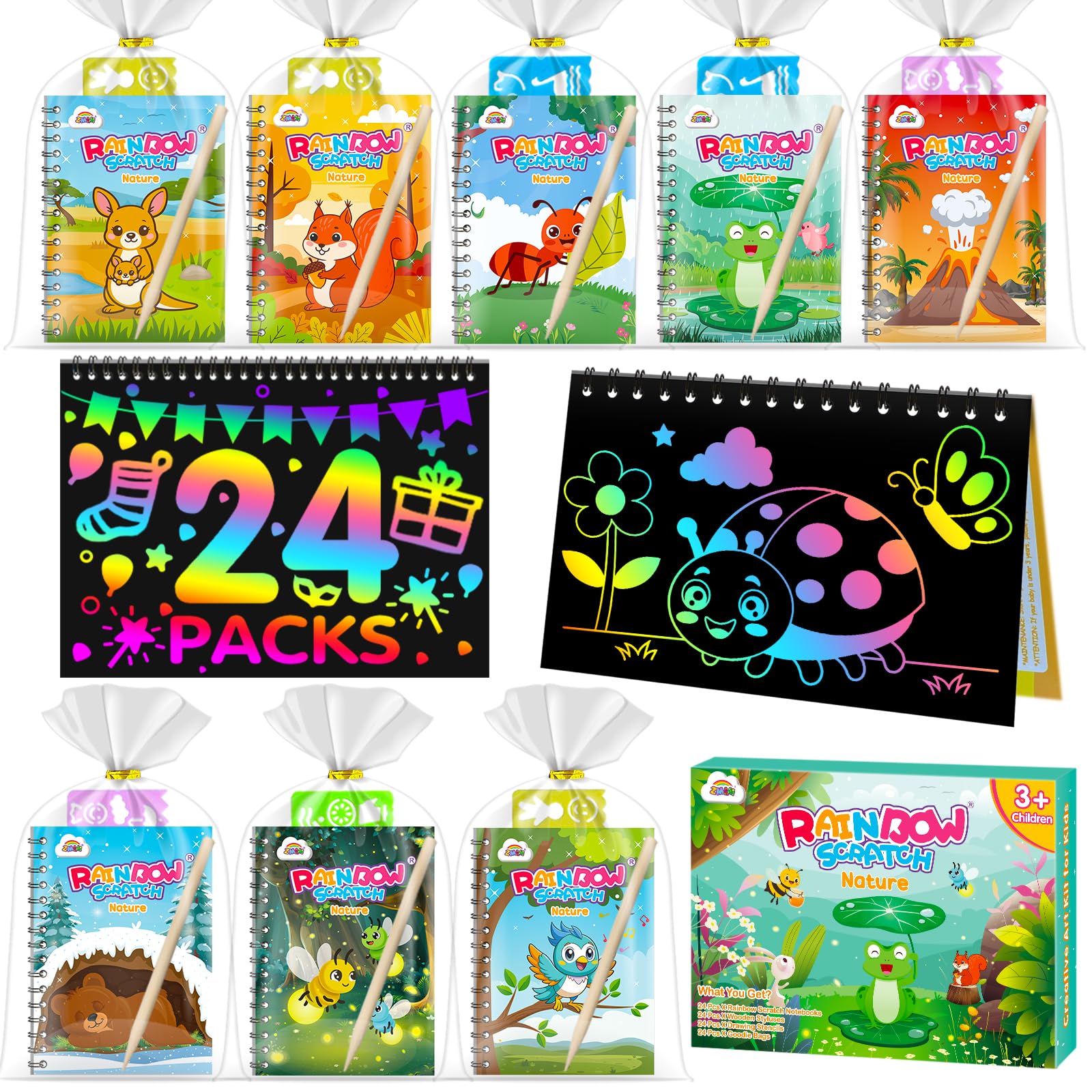 ZMLM Scratch Art Bambini Set of Scratch Books + Stencil + Penne in Legno - Pensierini Gadget Compleanno Bambini - Regalini Fine Festa Compleanno per Alunni 3-12 Anni (24 Natura)