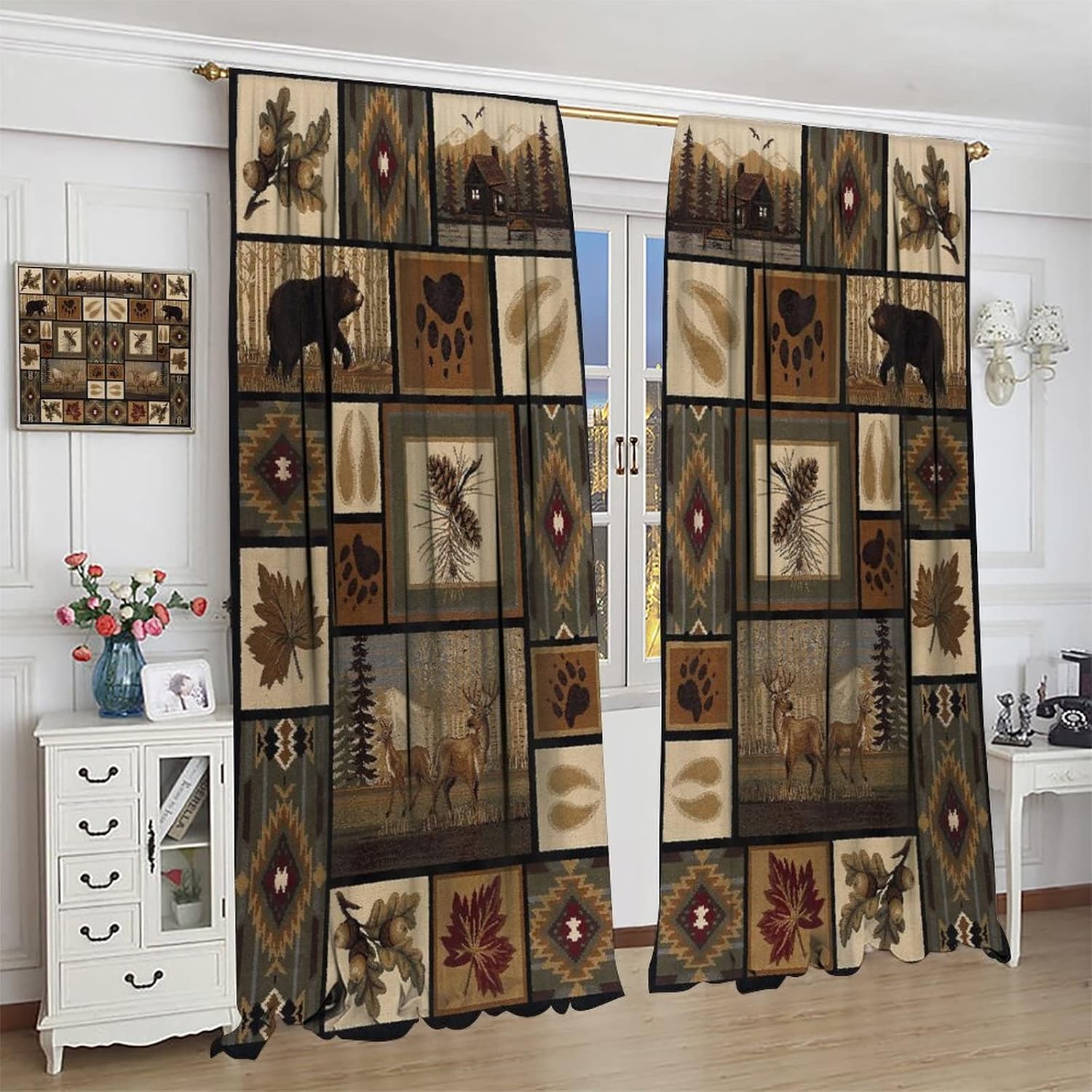 Rustic Bear Curtains , Lake Country Lodge Moose Curtain, Farmhouse Camp Woodland Blackout Curtainfor Living Room Bedroom Or Office Curtains Window Curtain 2 Panels 42x54 in