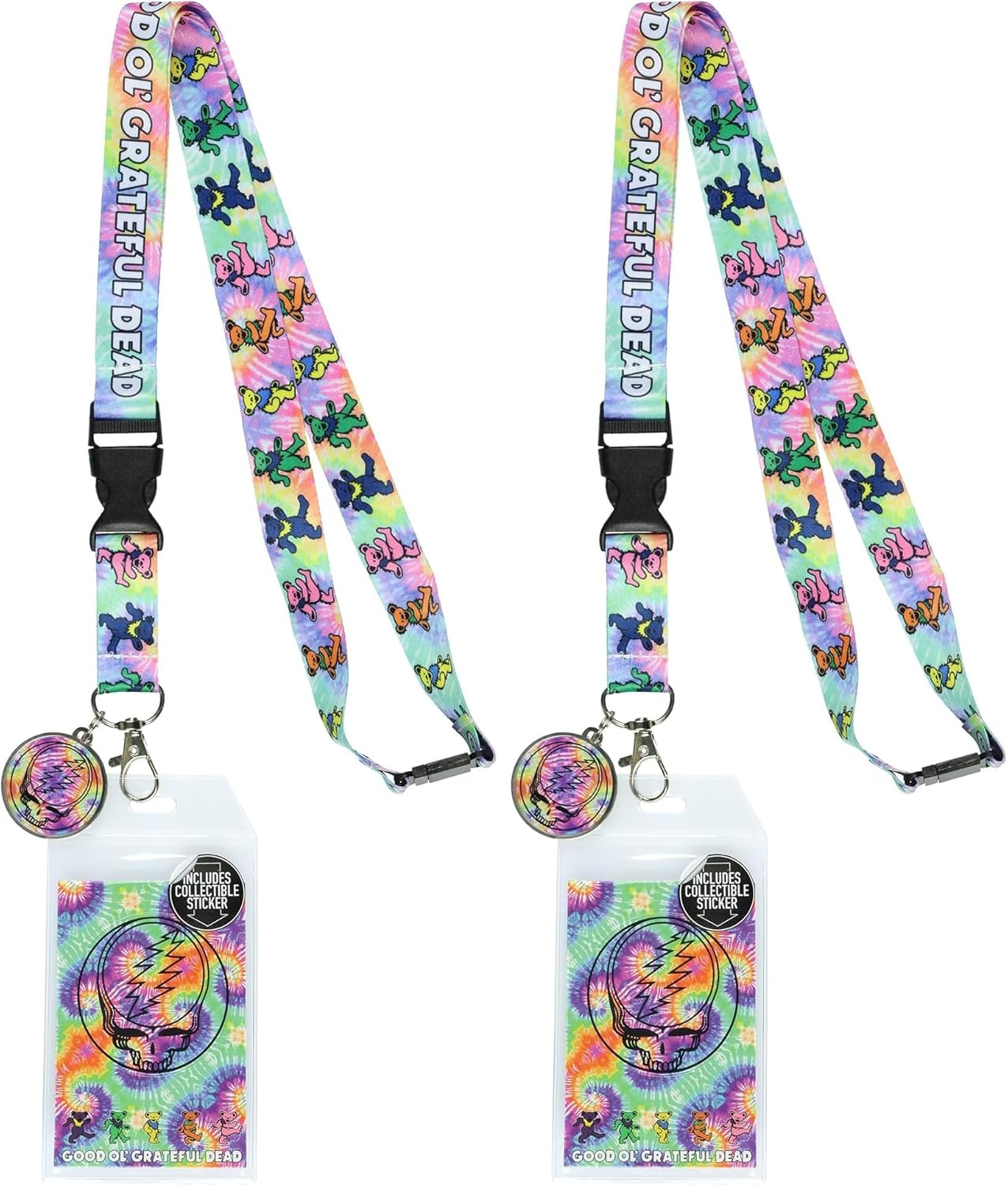 Grateful Dead Lanyard Tie-Dye Dancing Bears Clear ID Badge Holder Keychain (Pack of 2)