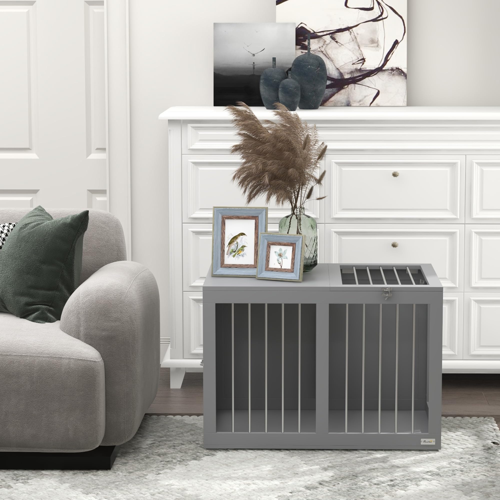 PawHut Caseta de interior para perros caseta para perros 2 puertas con cerradura buena ventilación mesa lateral 80 x 50 x 56,5 cm gris
