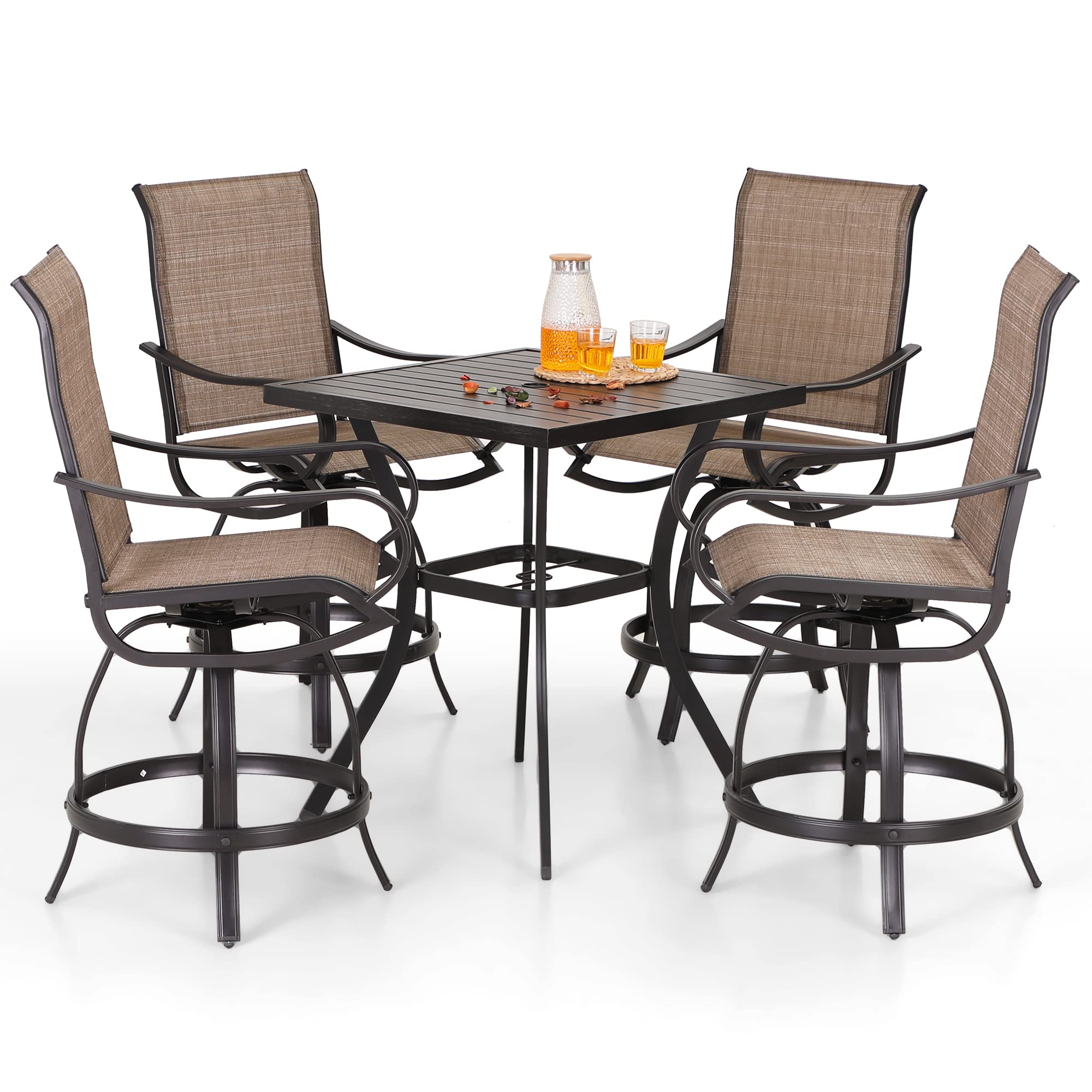 PHI Villa 5 Piece Outdoor Bar Set, Counter Height Patio Bar Bistro Table and Swivel Bar Stools Chairs with All Weather Brown Textilene Fabric for