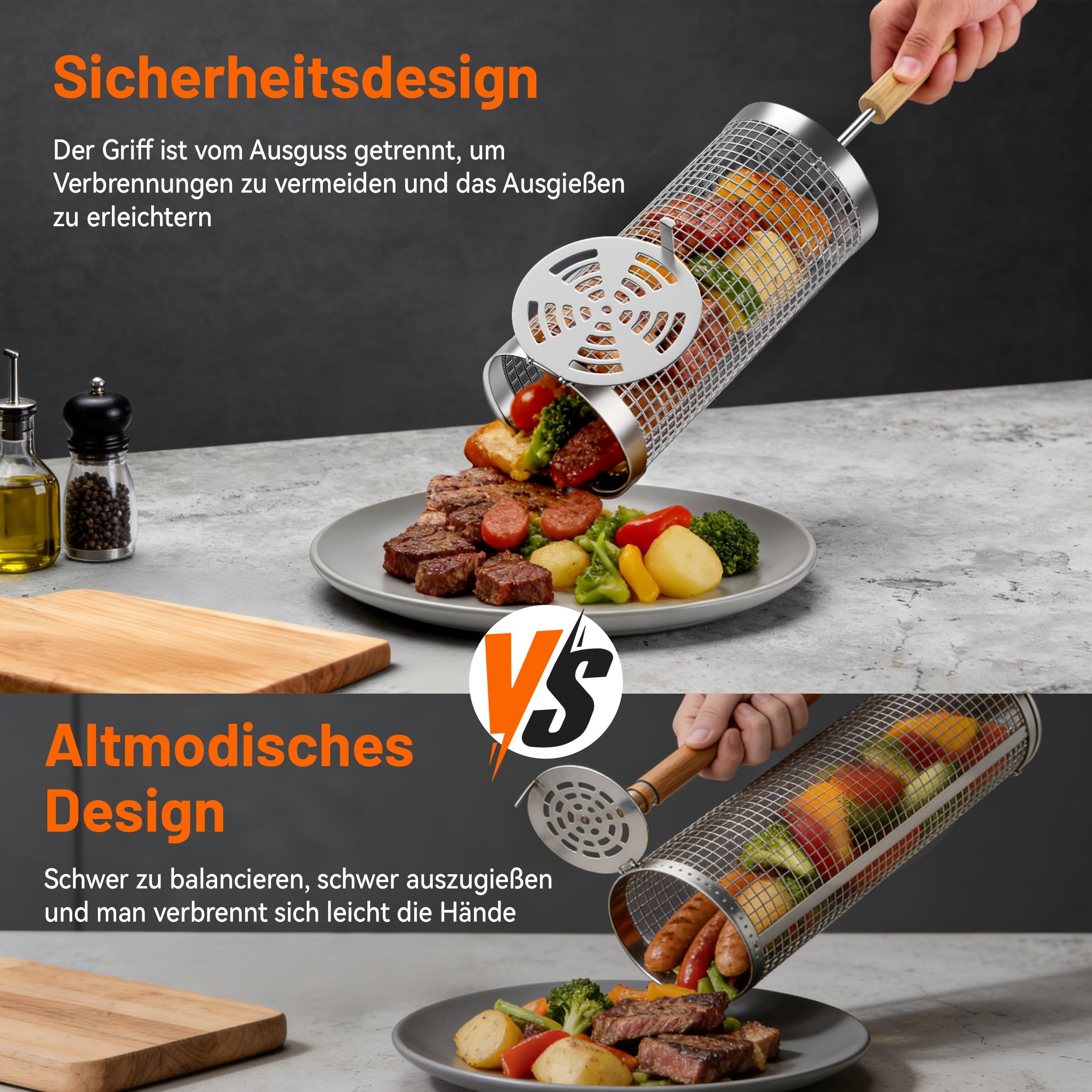 KEYO GRILL Rollender Grillkorb - 2 Stück Grillzubehör mit Abnehmbarem Holzgriff & 2 Korböffnern, Nestbares Grillnetz aus Edelstahl 304 für Gemüse, Geschenke für Männer