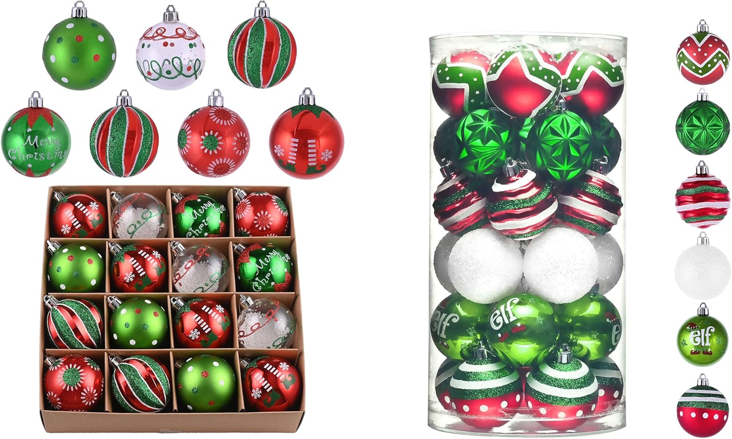 Valery Madelyn Christmas Ornaments Value Bundle, 30ct & 16ct Elf Red Green White Shatterproof Christmas Ball Ornaments Set, Decorative Hanging Ornament Bulk for Xmas Holiday Party Decor