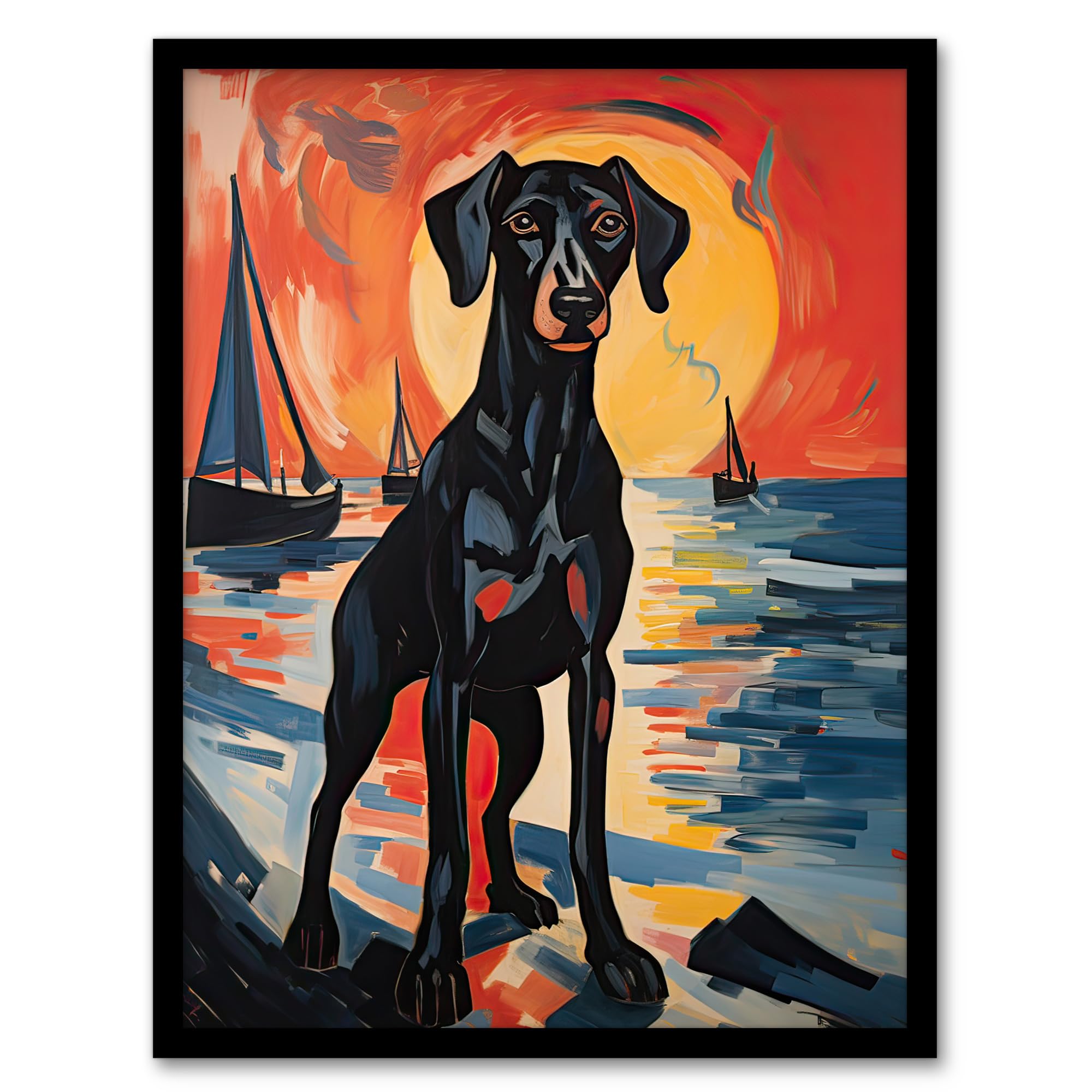 Artery8 Black Doberman Dog Artwork Coastal Sunset Seascape Acrylic Painting Orange Blue Seascape Sailboats Artwork Framed Wall Art Print 18X24 Inch
