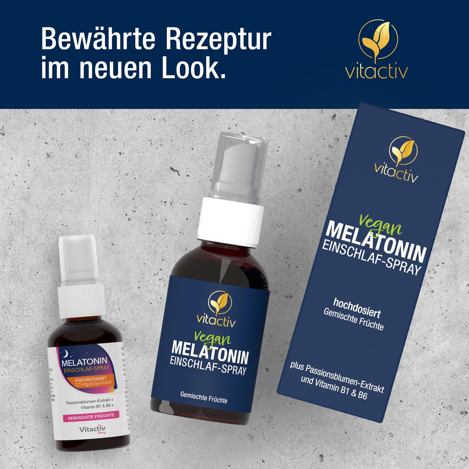 VITACTIV Melatonin Einschlafspray - Gemischte Früchte - 1155 Tage Vorrat, Hochdosiert - Melatonin Spray plus Passionsblumen Extrakt, Vitamine B1 und B6 - Zuckerfrei & Vegan - 150ml Sofort-Spray