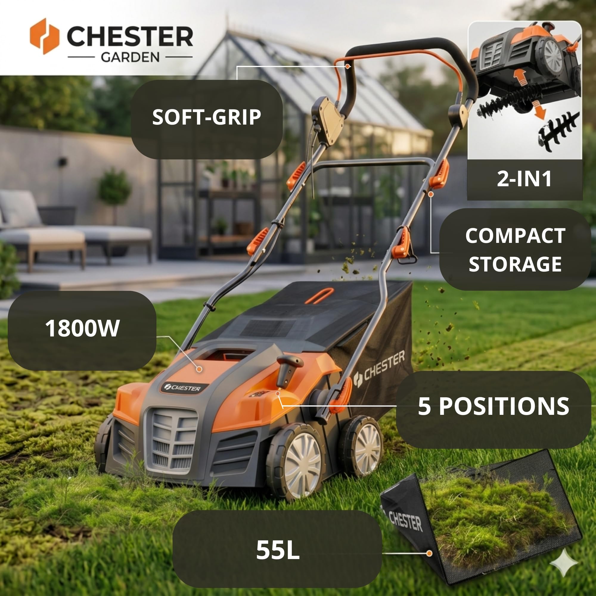Escarificador y aireador eléctrico 2 en 1 para césped - 1800W - 40cm - CHESTER