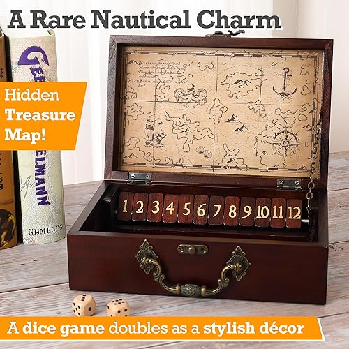 Miniatura 2 de STERLING Juego de 12 números Shut The Box Caja de madera Estuche de viaje con temática náutica Juego de dados familiares para niños y adultos