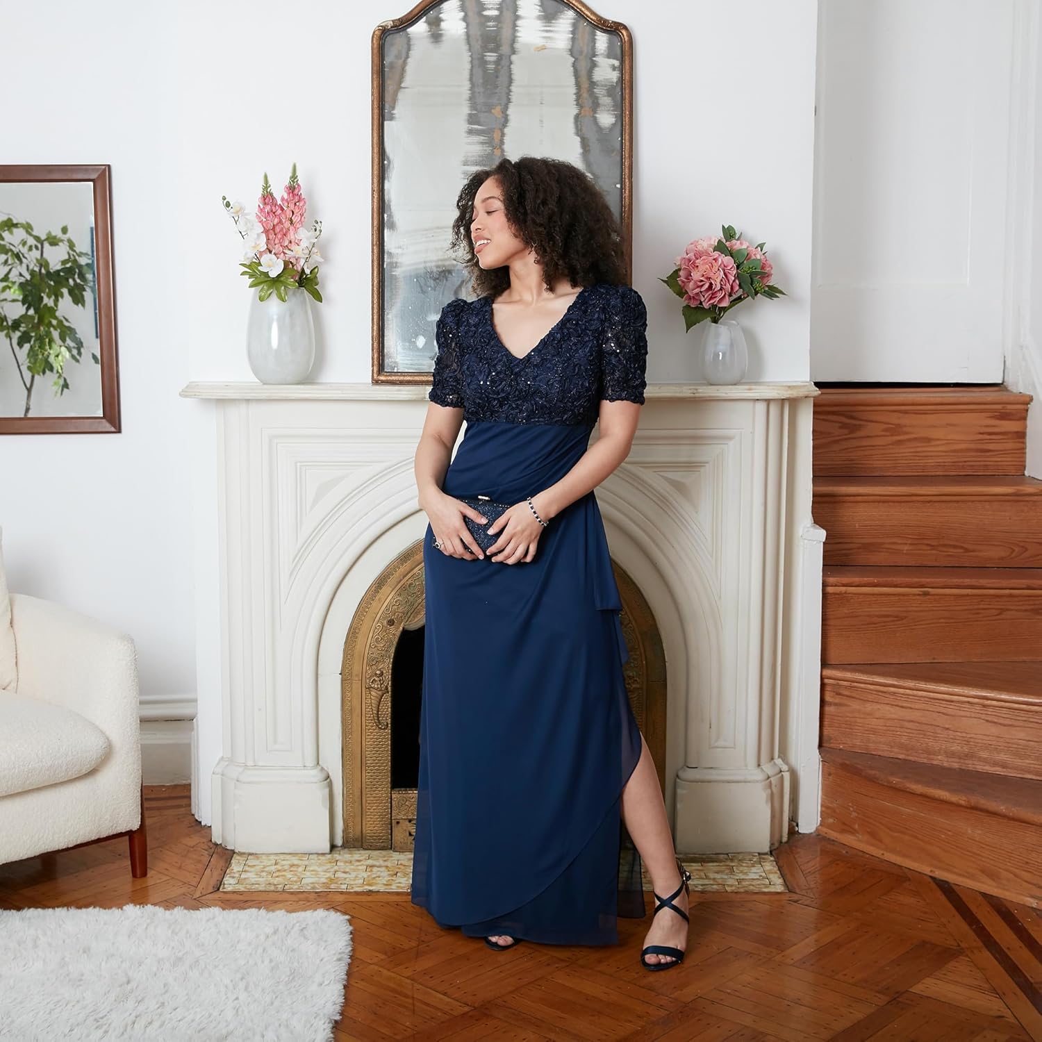 Alex Evenings Womens Wedding Guest Dress with V-Neck Stretch Sequin Bodice and Empire Waist (Petite and Regular Sizes) - Image 4