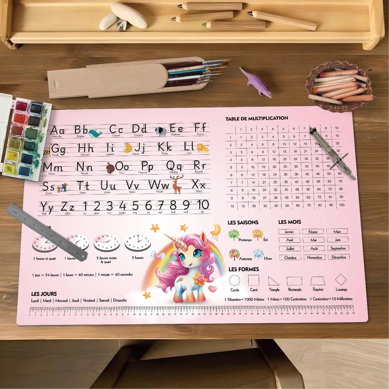 Éducatif Sous-main pour Enfant 40x60cm - Français - Thème Licorne - ABC avec Animaux - 1X1 - Formes - Heures - Tapis de Bureau Imperméable - Cuir PU Double Face effaçable facile à Nettoyer