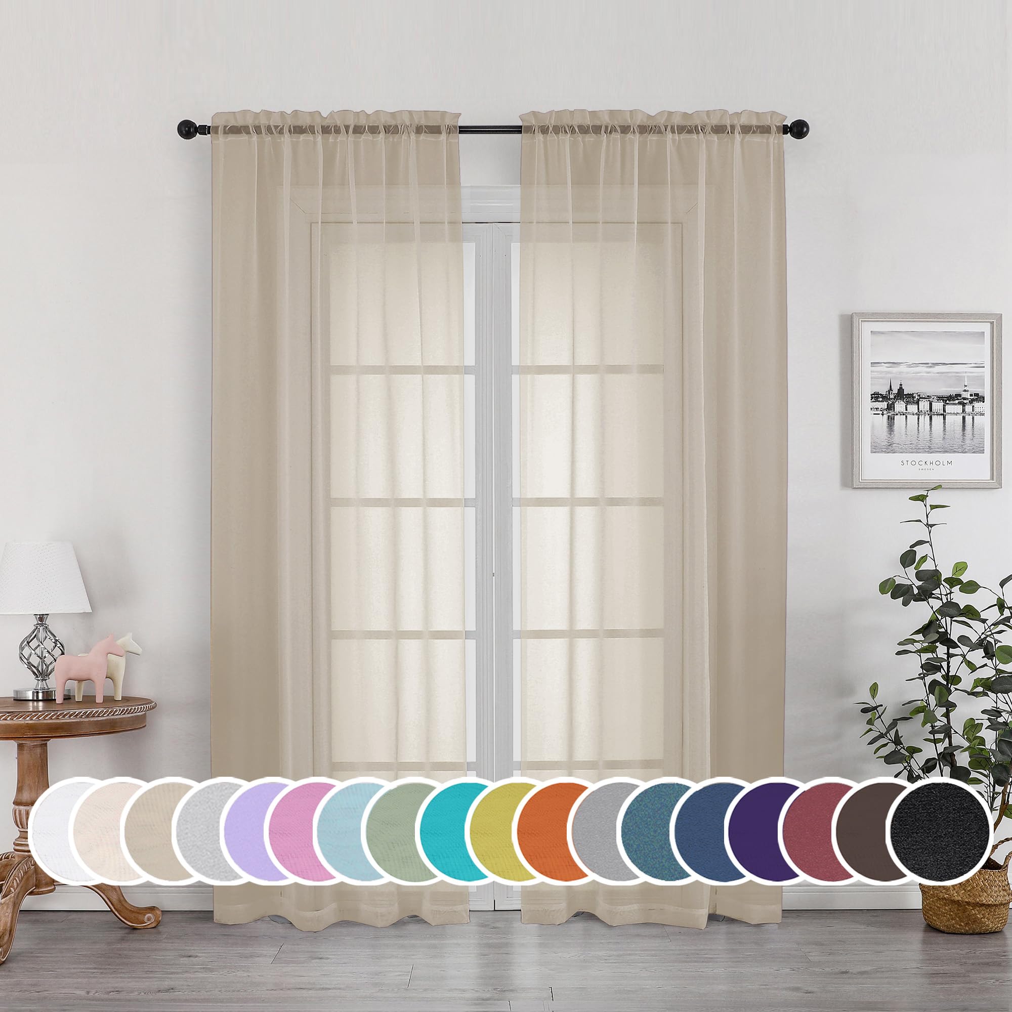 OWENIE Sheer Curtains 72 Inches Long for Bedroom Living Room, Rod Pocket Fimly Solid French Door Curtains Set of 2, Elegant Taupe Voile Curtains Panels Window Treatments, 42" Width
