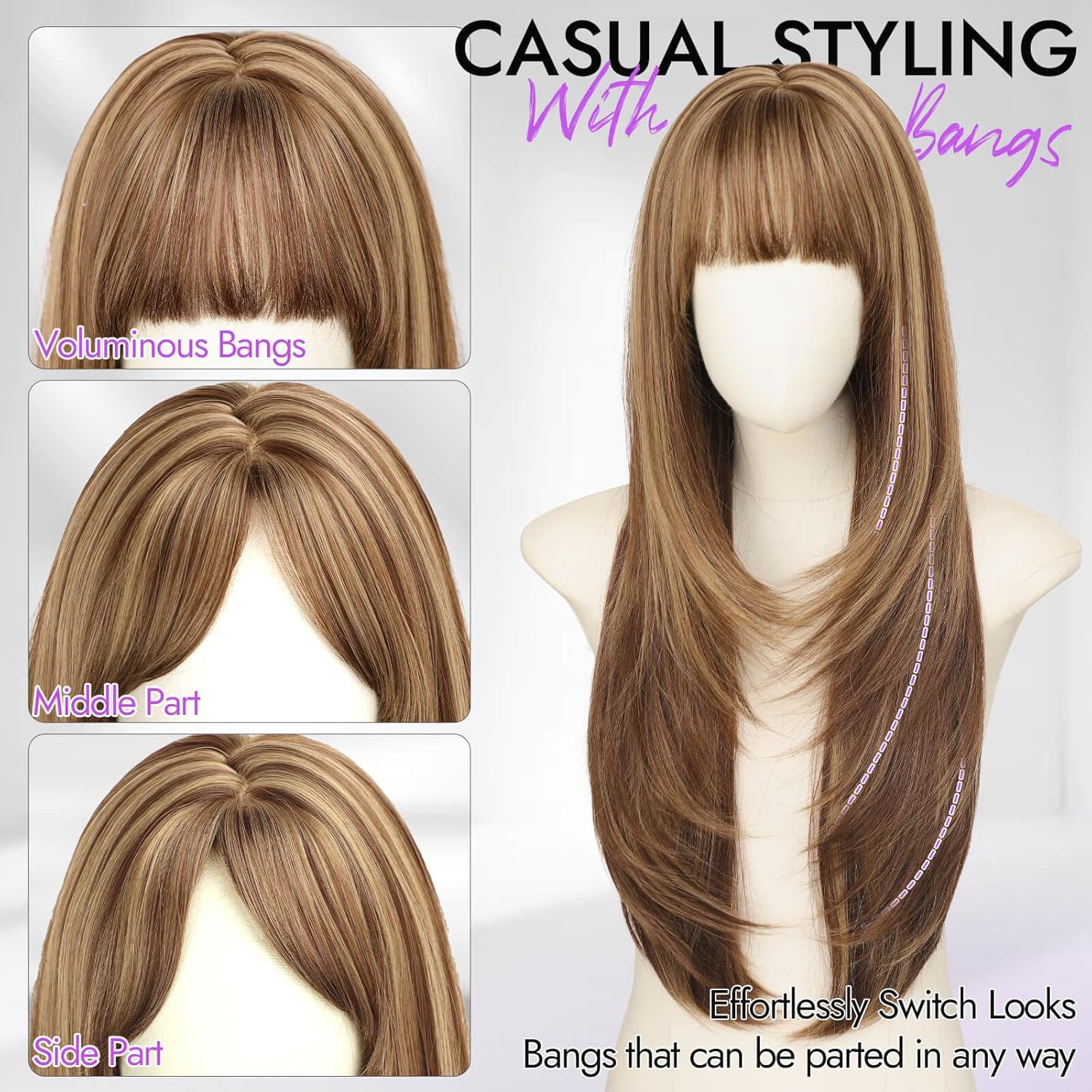 Long Light Brown mix Blonde Highlights Wig with Bangs for Women,4x4 Realistic Scalp,Free Parting,Layered Hairstyle Synthetic Heat Resistant for Daily Party Use 26 inch