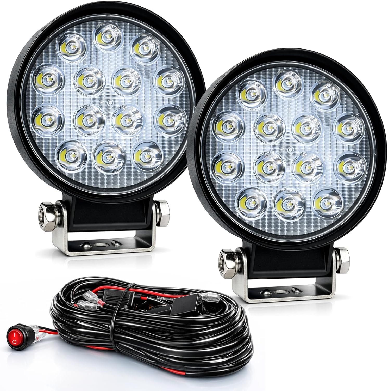 ZMOON Round LED Off Road Lights Kit, 2PCS 4.5" 84W LED Flood Light Bar with 10FT Wiring Harness (2-Lead), Driving Fog Lights for Truck ATV UTV SUV Boat