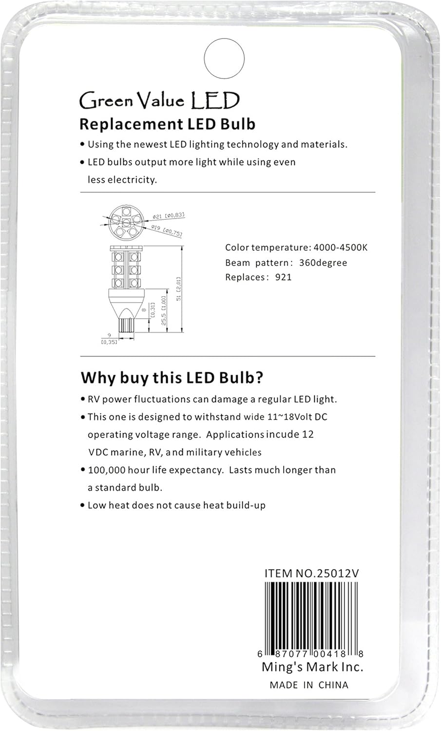 Ming's Mark 25012V LED Bulb 921 Base - Natural White, Pack of 6