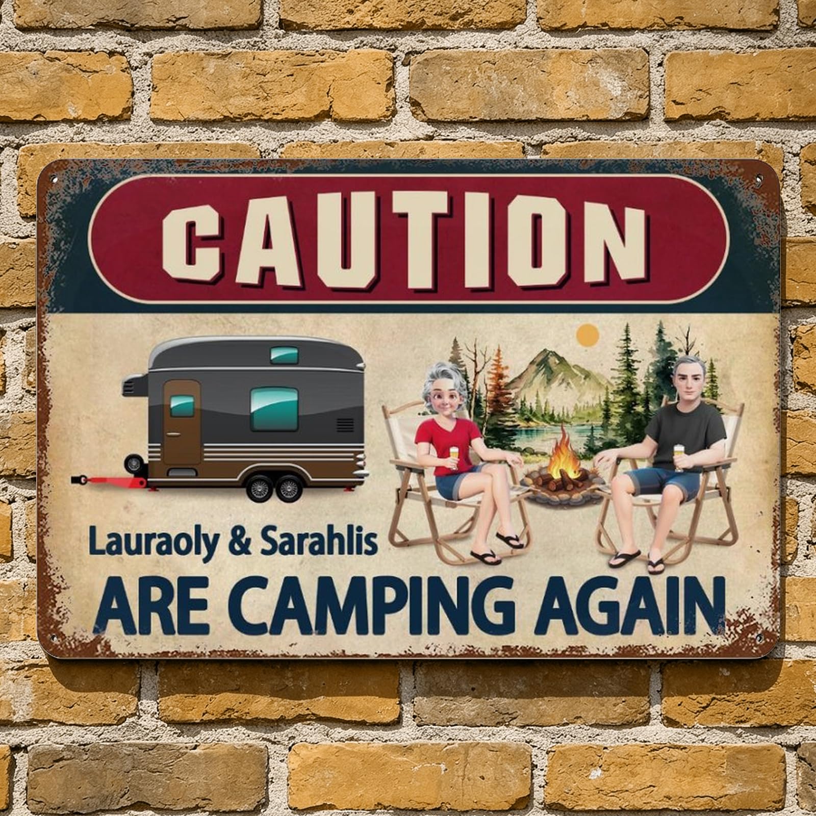Caution Are Camping Again Personalized Camping Couple Metal Sign Plaque Wall Art, Custom Name Couple Anniversary Metal Sign Home Decor Gifts For Him Her Wife Husband