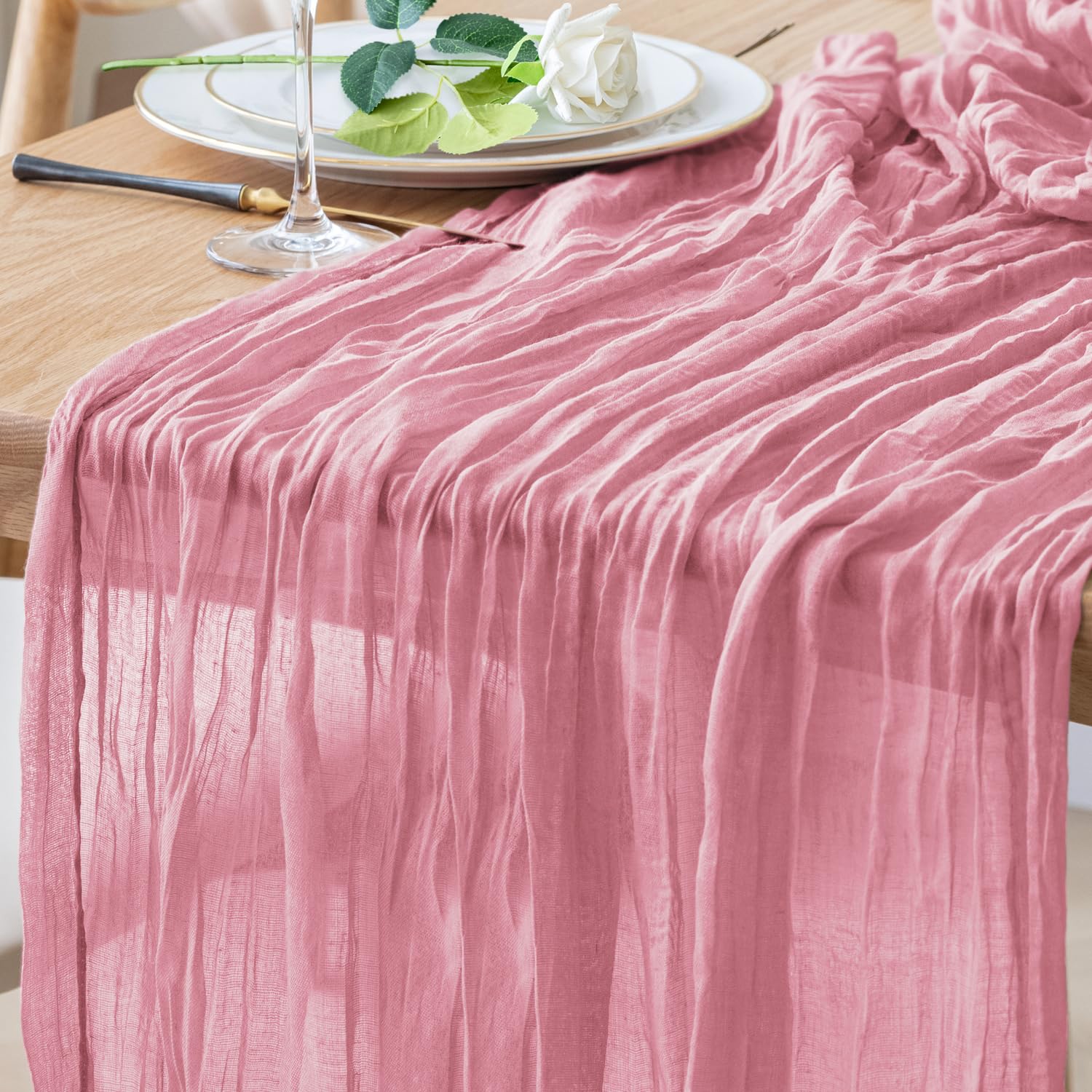 Photo 1 of Xiomot Table Runner Cheesecloth 10FT Pink Boho Gauze Cheese Cloth Rustic Sheer Table Runners for Wedding Birthday Bridal Baby Shower Party Decoration