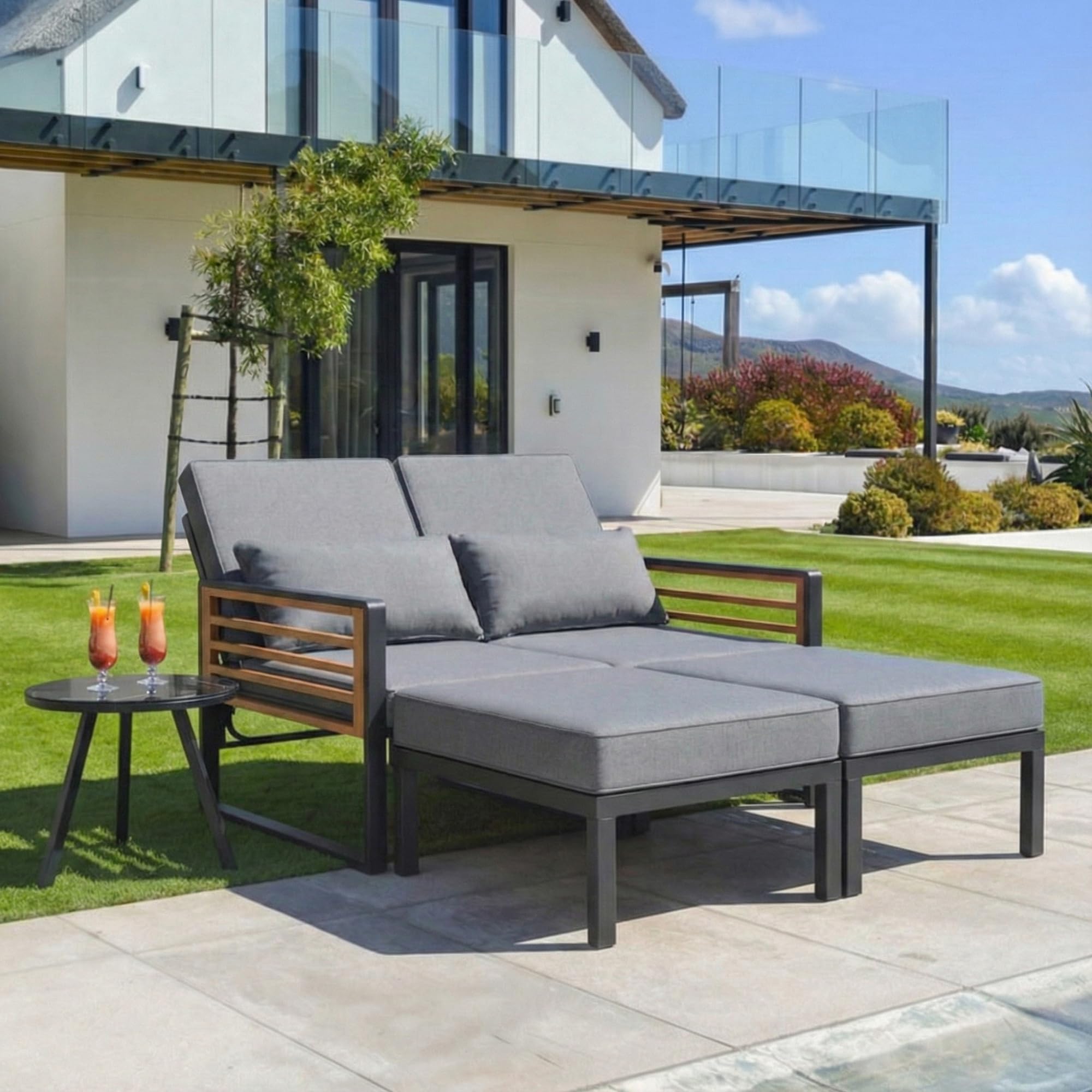 Garten-Lounge-Set für 2-4 Personen, Doppel-Liege & Outdoor Daybed mit Verstellbarer Rückenlehne, nutzbar als Outdoor-Sofa, Bett, Inkl. Rücken- und Sitzkissen