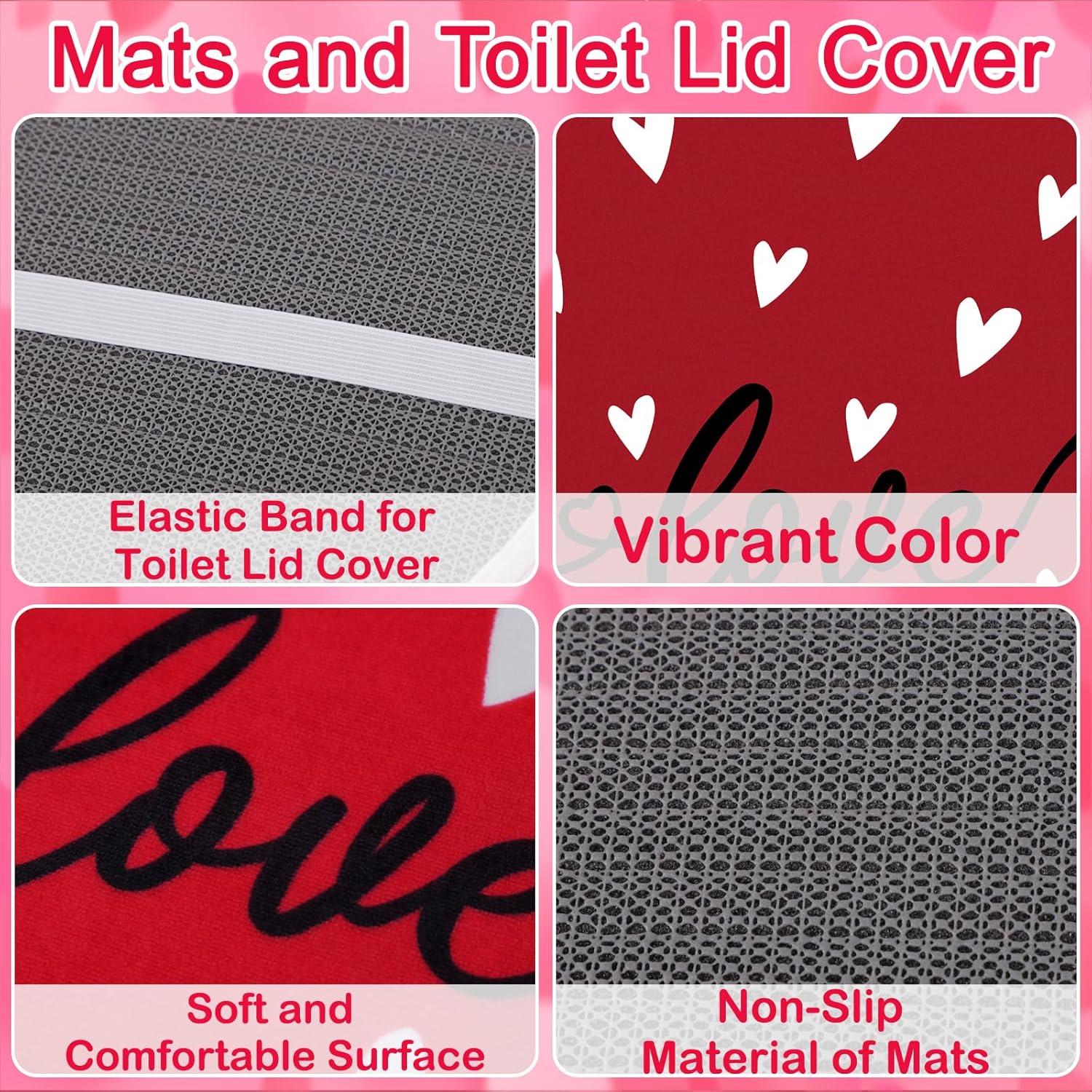 Tieshankao 7Pcs Valentines Day Shower Curtain Bathroom Set - Heart Non Slip Rugs Toilet Lid Cover Bath Mat Towels Decor with 12 Hooks