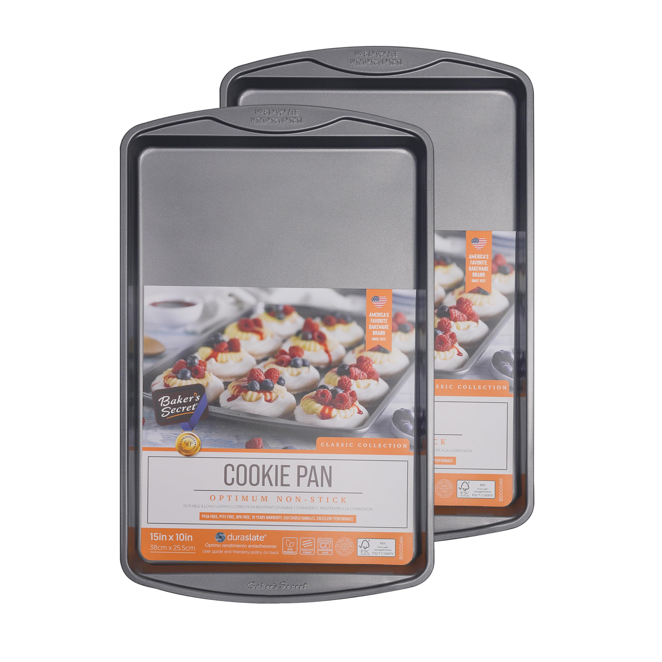 Baker's Secret Nonstick Cookie Sheets 15in baking area, Baking Trays for Oven Premium Food-Grade Coating, Non-stick Cookie Sheets, Baking Accessories - The Classic Collection (2x Medium 15" x 11")
