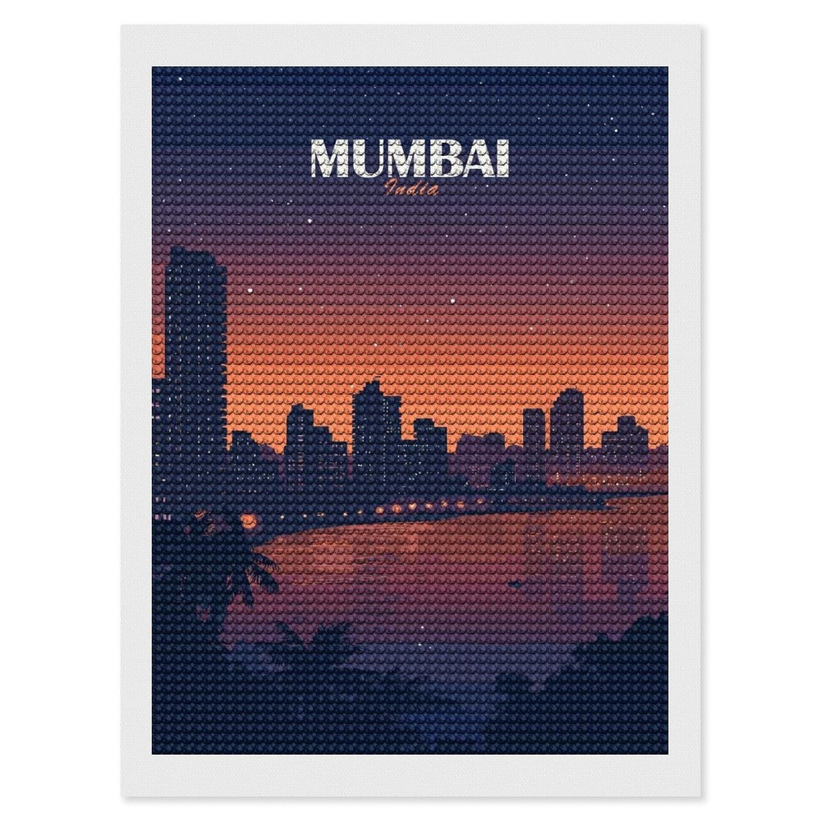 Junmoney Mumbai India Cityscape at Night Diamond Painting Kit 12"x16", Easy Handmade Project, Cosy Home Accent, for Craft Lovers, Holiday Gift Idea
