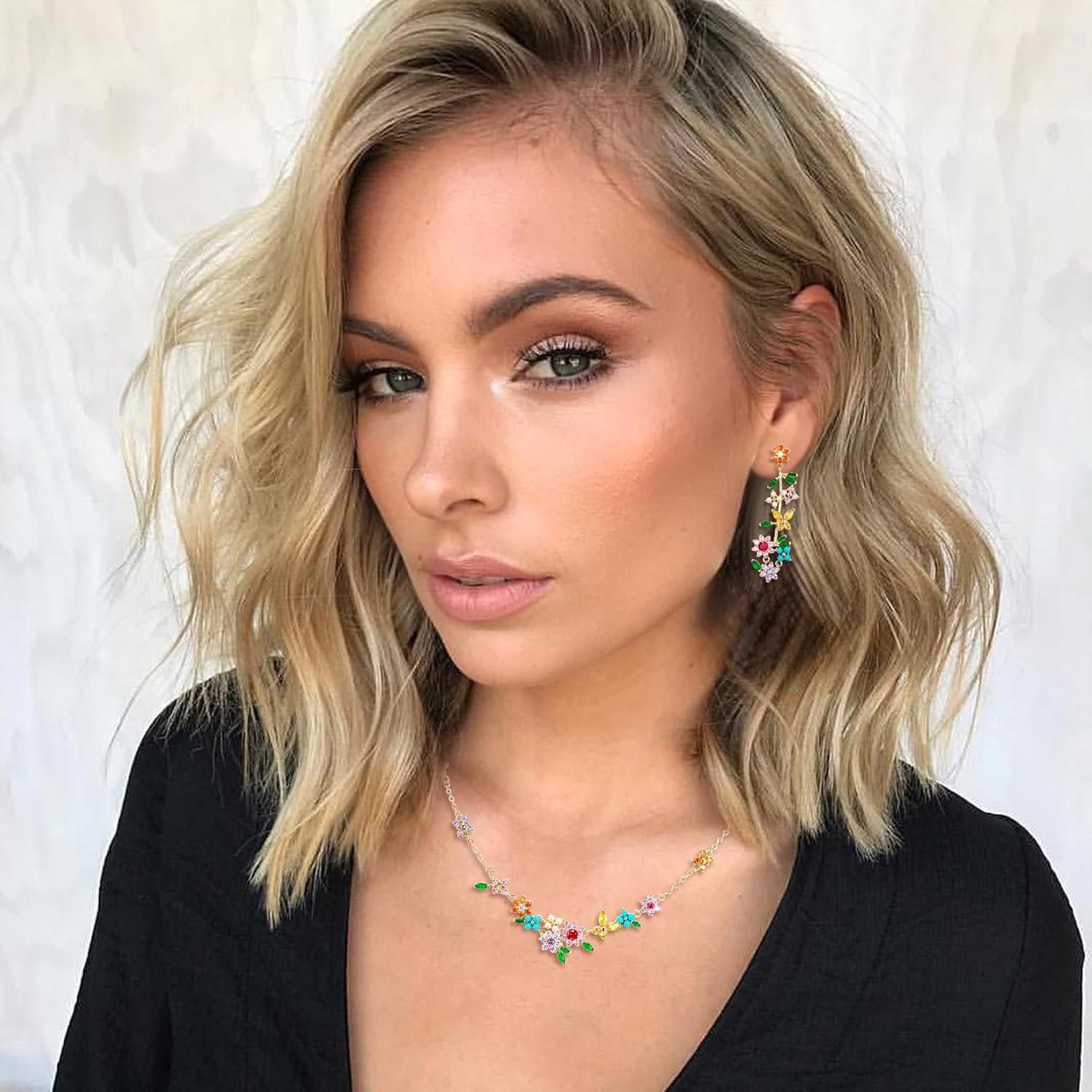 Flyonce Flower Statement Necklace for Women, Multicolor CZ Boho Blooming Floral Choker Collar Necklaces with Earrings Simple Dainty Jewelry for Summer Beach Holiday - Image 3