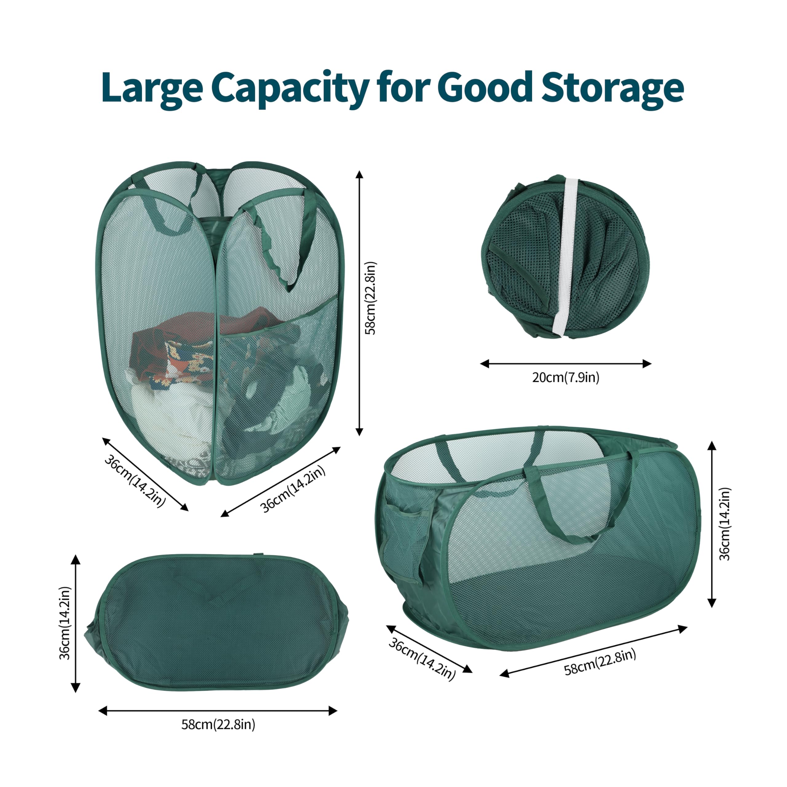 2 Paniers à Linge Pop-Up 75L - Pliables, Poches Latérales - Rangement Linge Sale - Vert