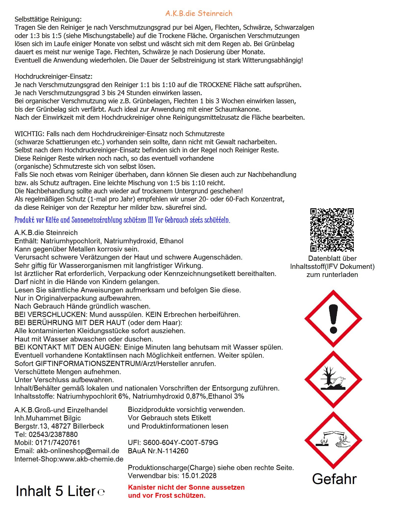 A.K.B. Steinreich Steinreiniger Konzentrat 5L - Grünbelagentferner & Außenreiniger für Außenflächen rund ums Haus - Ergiebiger Steinreiniger Intensiv Außen inkl. Ausgießer