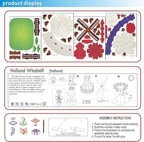 Miniatura 7 de Rompecabezas creativo 3D modelo de papel Holland Windmill DIY Fun & Educational Toys World Great Architecture Series, 45 piezas