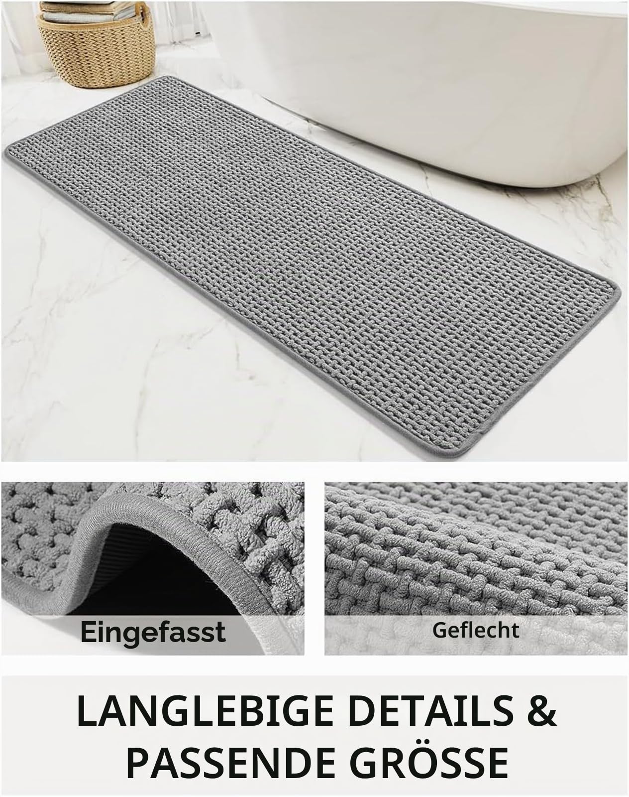 Chenille Badezimmerteppich rutschfeste Badematte Waschbar Badteppich Weich Badvorleger Saugfähige Duschvorleger für Badezimmer, 60x160 cm, Grau