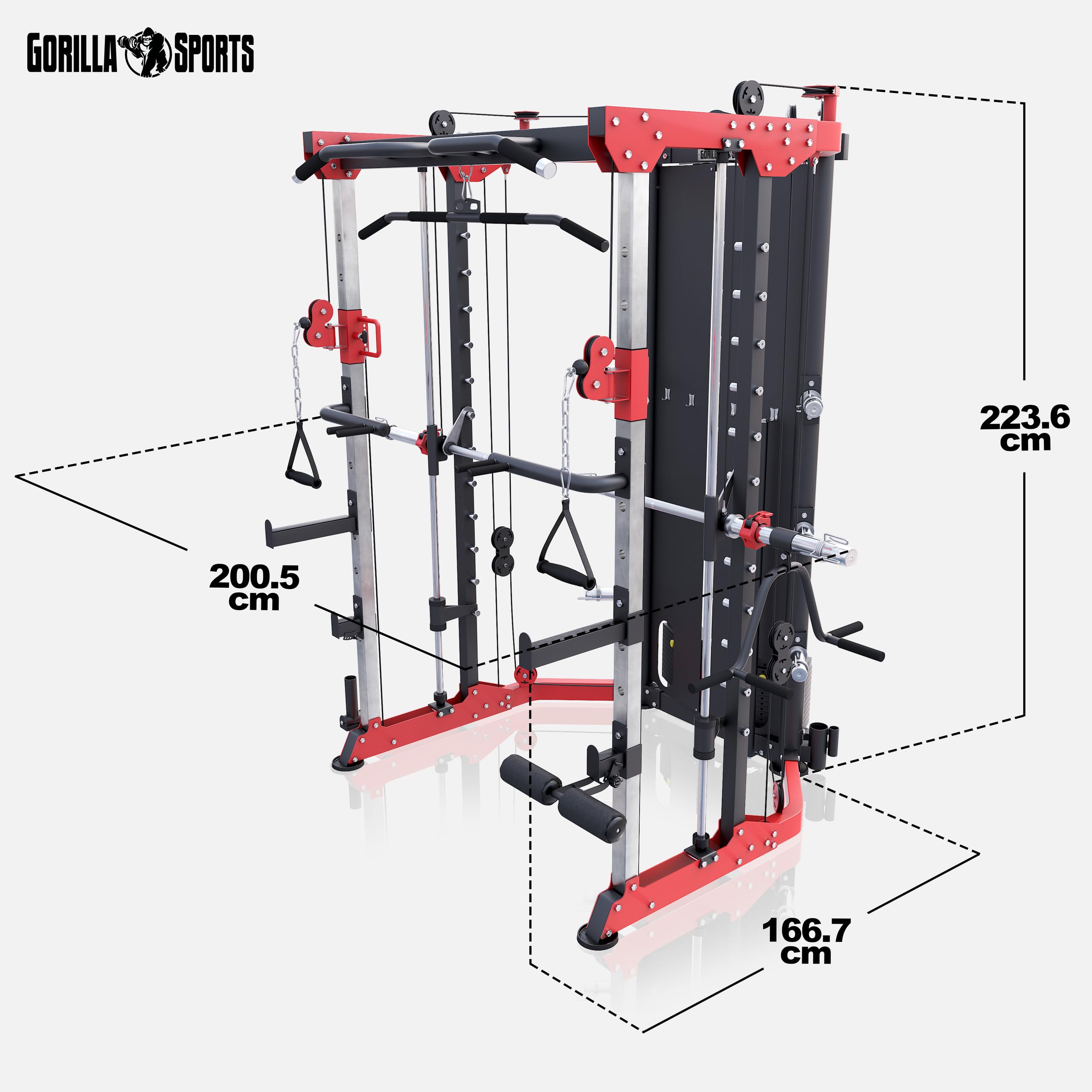 Gorilla Sports® Smith Machine - Barre de Traction à Câble Réglable en Hauteur, Leg Curler, Barre d'Haltères Guidée, Convient aux Plaques 50/51mm - Station Musculation Multifonction, Machine Sport