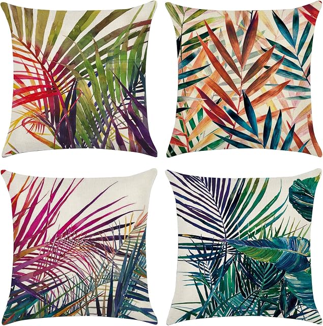 Cushion Covers 4Pcs 45 x 45 cm Waterproof Printed Tropical Plants Breathable Decorative Pillow Cover for Throw Pillow Outdoor Garden Sofa Bed Couch Cushions (03)
