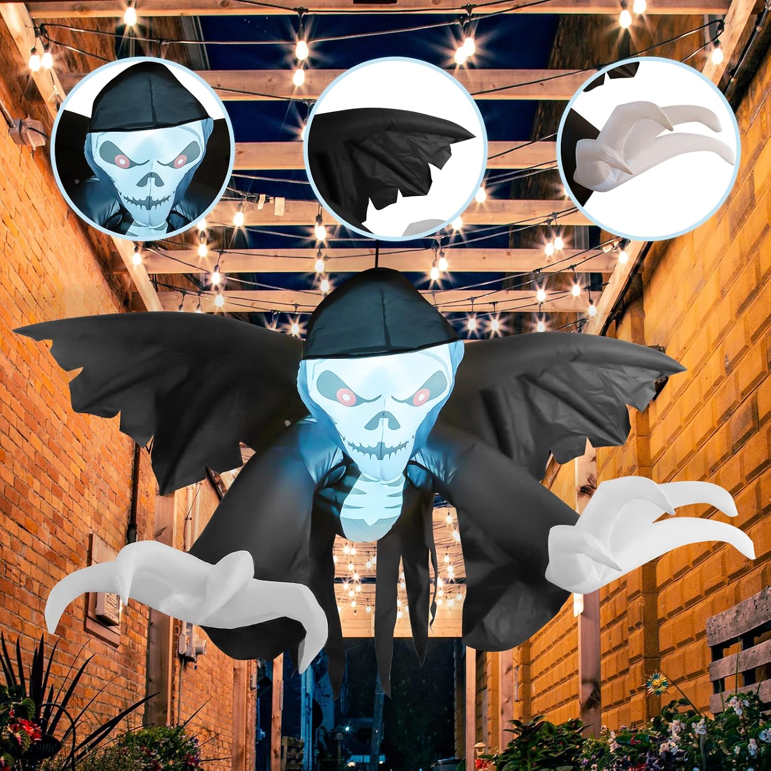 GOOSH 5.2 FT Long Halloween Inflatables Outdoor Hanging Skeleton Ghost with Raising Hands & Wings, Blow Up Yard Decoration Clearance with LED Lights Built-in for Holiday/Christmas/Party/Yard/Garden