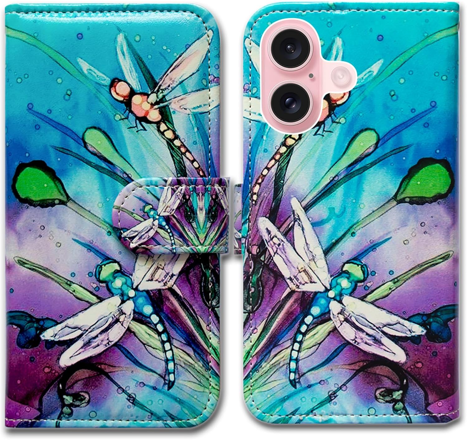 Bcov Case for iPhone 16,Cute Dragonfly Leather Flip Phone Case Wallet Cover with Card Slot Holder Kickstand Case for Apple iPhone 16