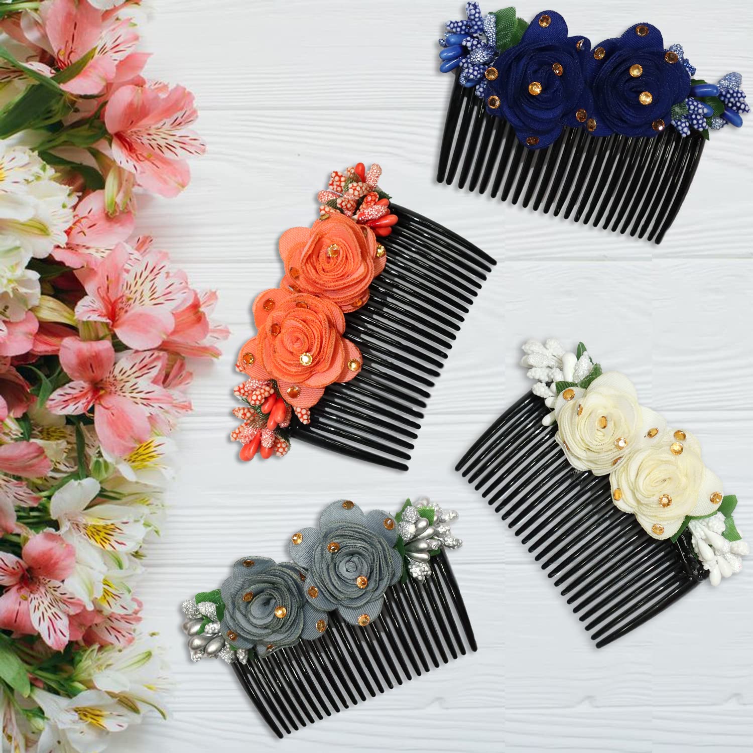STYLEDOSE Multicolor Acrylic Comb and Cloth Flower Hair Clip/Side Comb/Flower Design Jooda Hairpin Comb Flower Design Jooda Pin Pearl Hairpin Comb For Women And Girls (Pack of 4) (SDComb01) 3