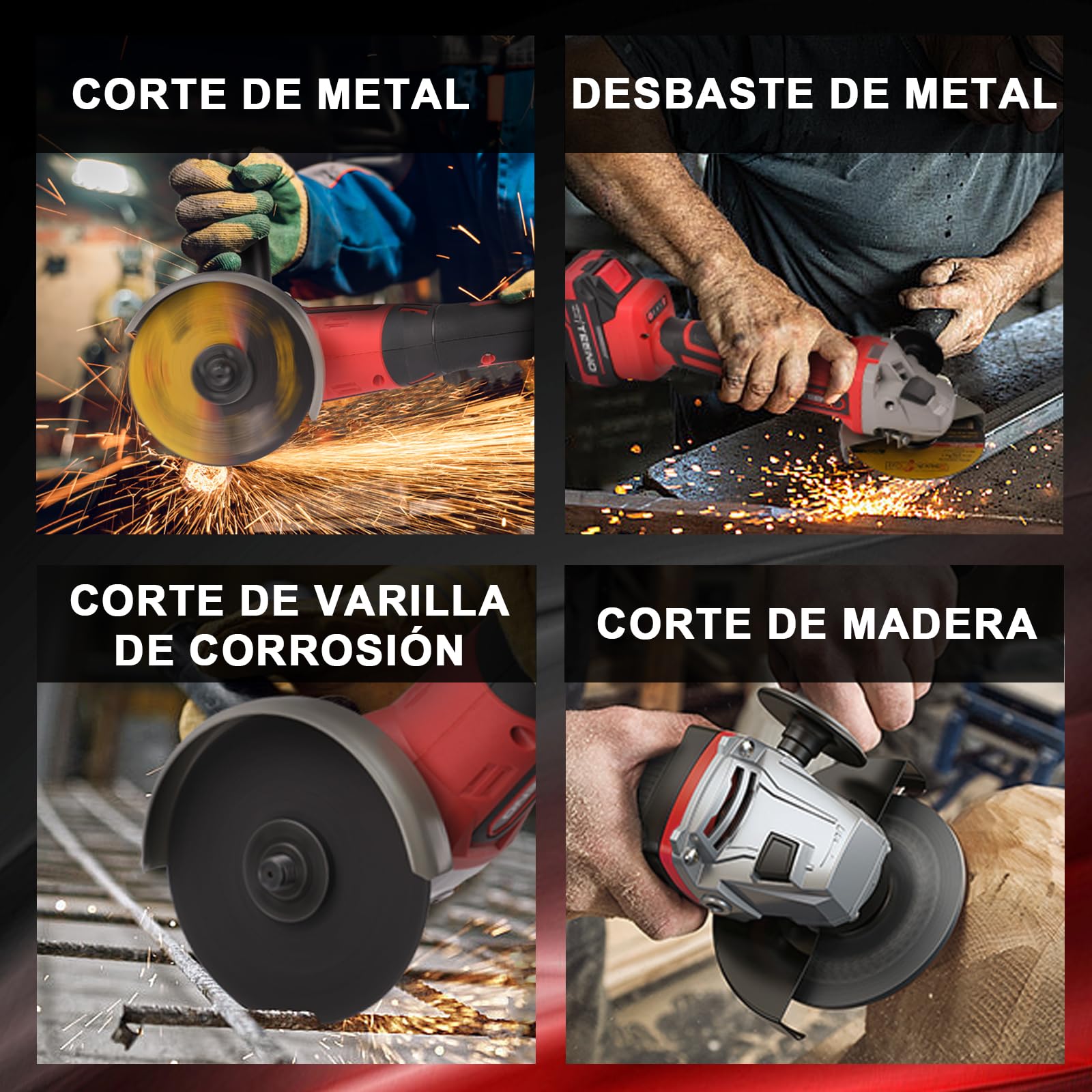 TEENO Amoladora angular inalámbrica, Amoladora batería Ø 125 mm | Radial batería Motor sin escobillas 21V 1000W,2 baterías 4,0 Ah,Velocidad 9100 rpm ,Maletín + Disco de corte