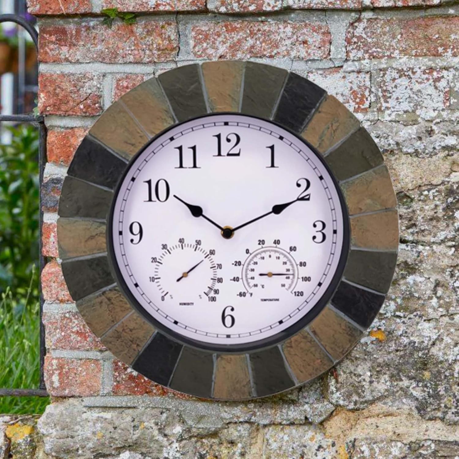13Inch Indoor Outdoor Wall Clock with Temperature and Humidity Battery Operated Non Ticking Clock for Home Office