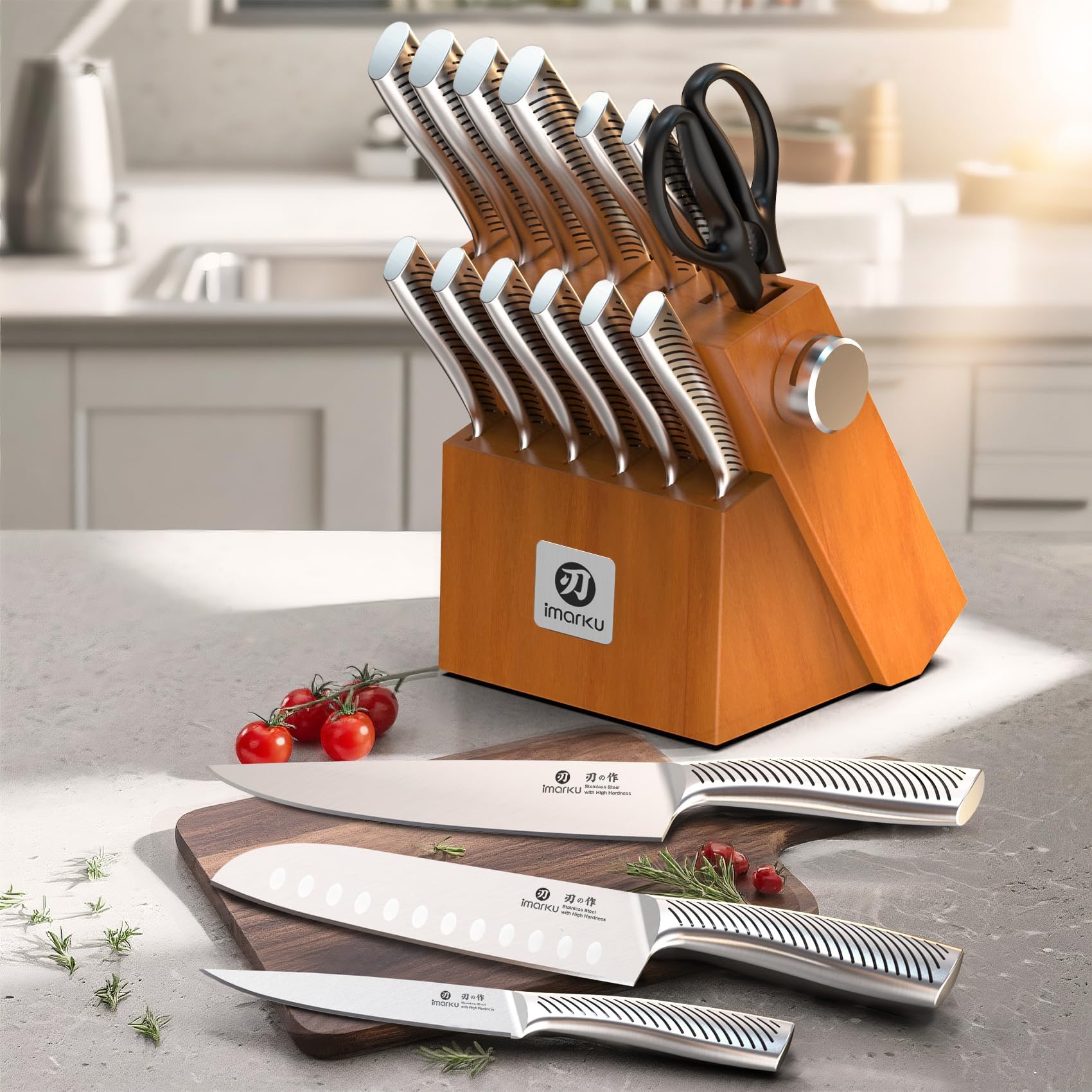 imarku Set Coltelli da Cucina Professionali, 14 Pezzi Coltelli Giapponesi in Acciaio Inossidabile Forgiato, Con Ceppo Coltelli in Legno e Affilatore, Impugnatura Antiscivolo per Cucina Masterchef
