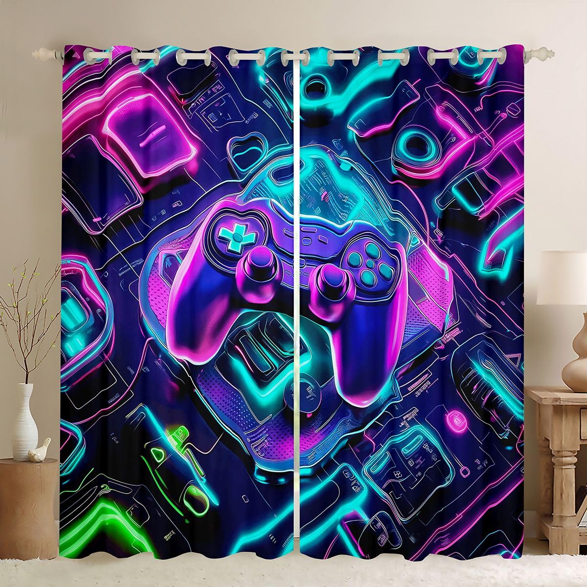Homewish Gaming Blackout Curtains 46 x 72 Inch 2 Panels - Neon Gamer Design Curtains Eyelet for Teens Boys Game Room Decor - Modern Gamepad Living Room Darkening Window Drapes โ image 1