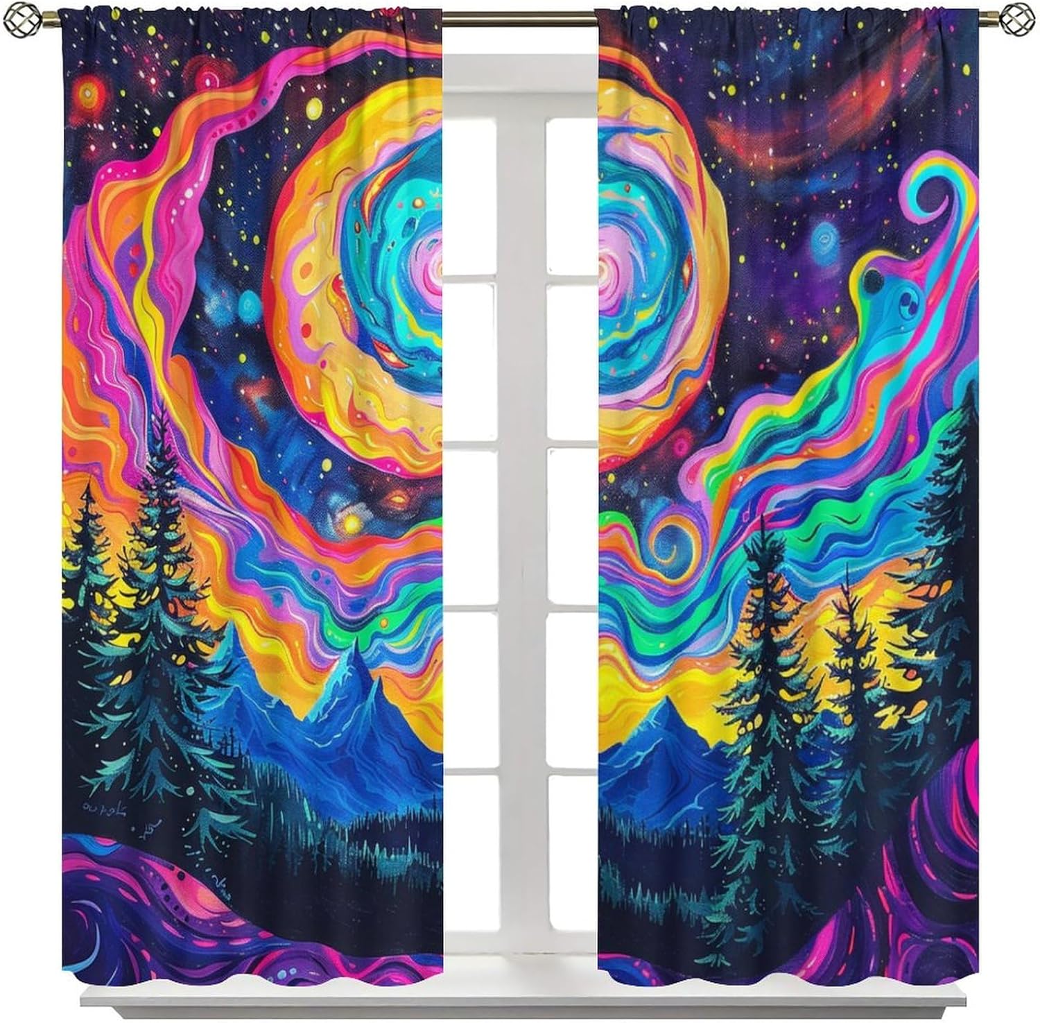 Neon Forest Mountain Blackout Curtains for Bedroom Living Room, Abstract Swirl Colorful Star Moon Thermal Insulated Curtains Rod Pocket Window Drapes, 2 Panels/Each 21" W x 45" L
