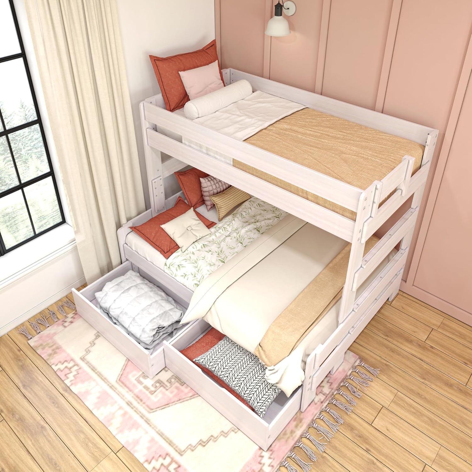 Max & Lily Modern Farmhouse Twin/Full Bunk Bed with Storage Drawers, White Wash