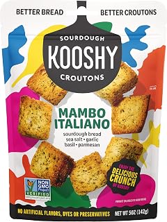 Kooshy Mambo Italiano Sourdough Croutons - Garlic Basil Parmesan, All Natural Non-GMO Vegan Salad Toppers, 5oz Pouch