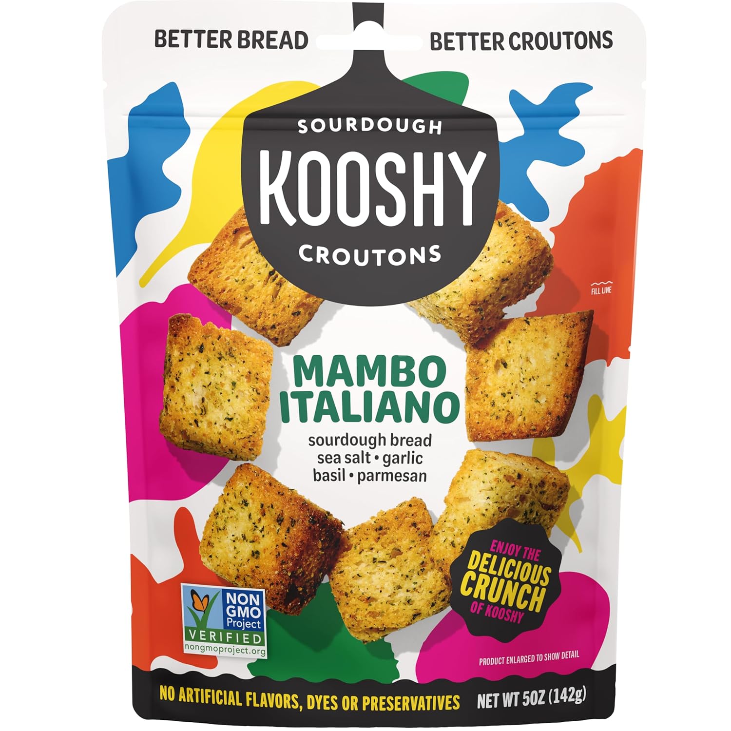 Kooshy Mambo Italiano Sourdough Croutons - Garlic Basil Parmesan, All Natural Non-GMO Vegan Salad Toppers, 5oz Pouch