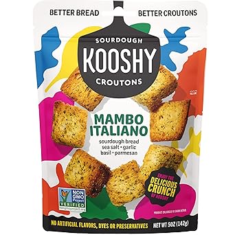 Kooshy Croutons - Mambo Italiano (Sourdough Bread, Garlic, Basil, Parmesan), All Natural, Vegetarian, Non-GMO Croutons for Salad, Soup and More, 5oz Pouch(1 Pack)